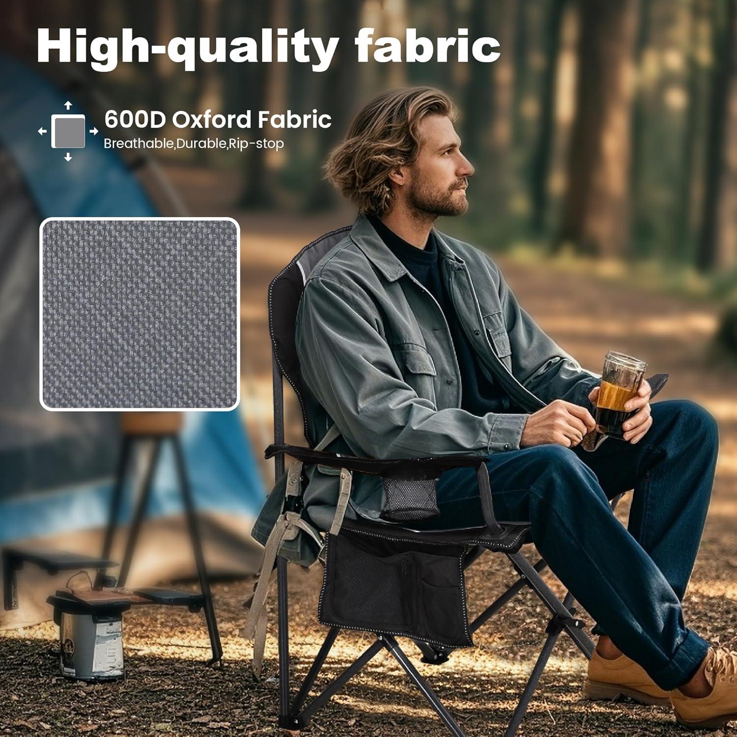 LET'S CAMP Oversized Outdoor Folding Camping Chair, 2 Pack Heavy Duty Arm Chairs with Cup Holder and Storage Bag, 350 LBS Weight Capacity, Grey