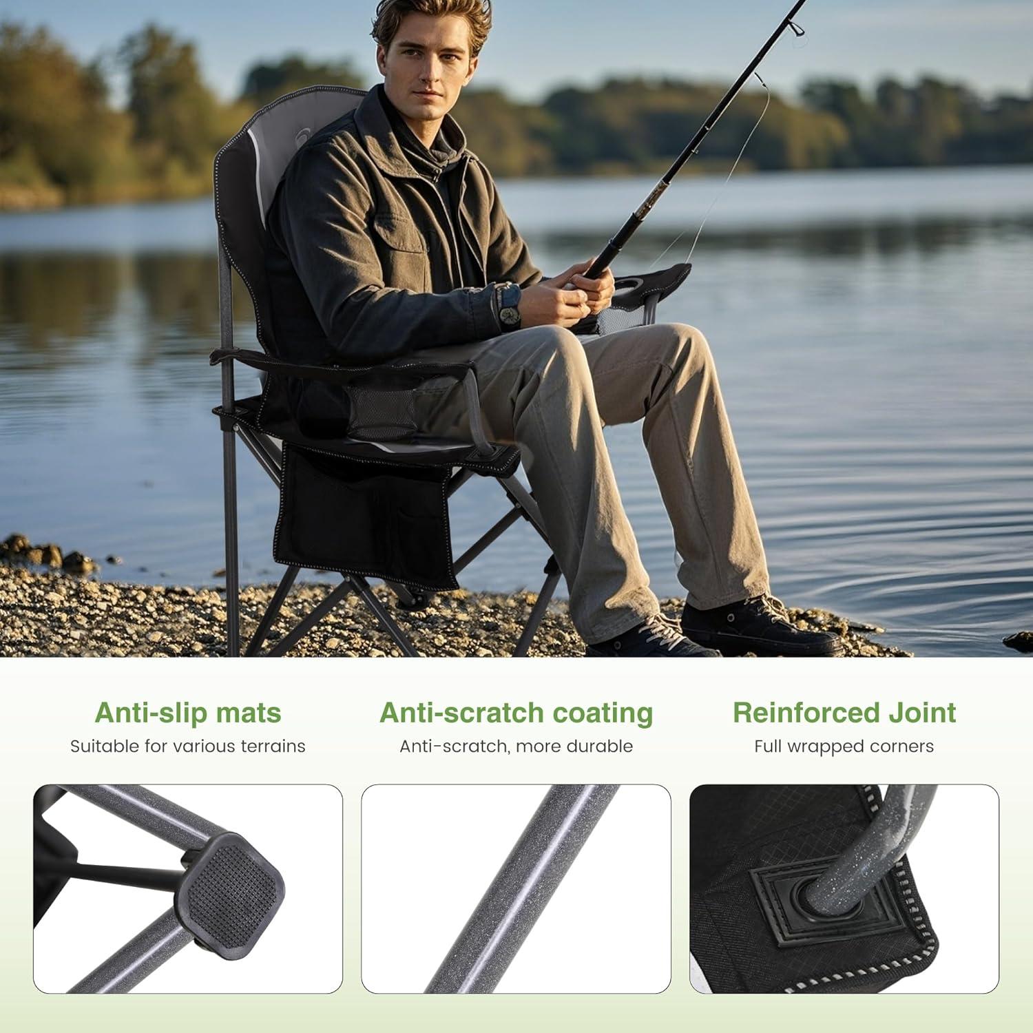 LET'S CAMP Oversized Outdoor Folding Camping Chair, 2 Pack Heavy Duty Arm Chairs with Cup Holder and Storage Bag, 350 LBS Weight Capacity, Grey