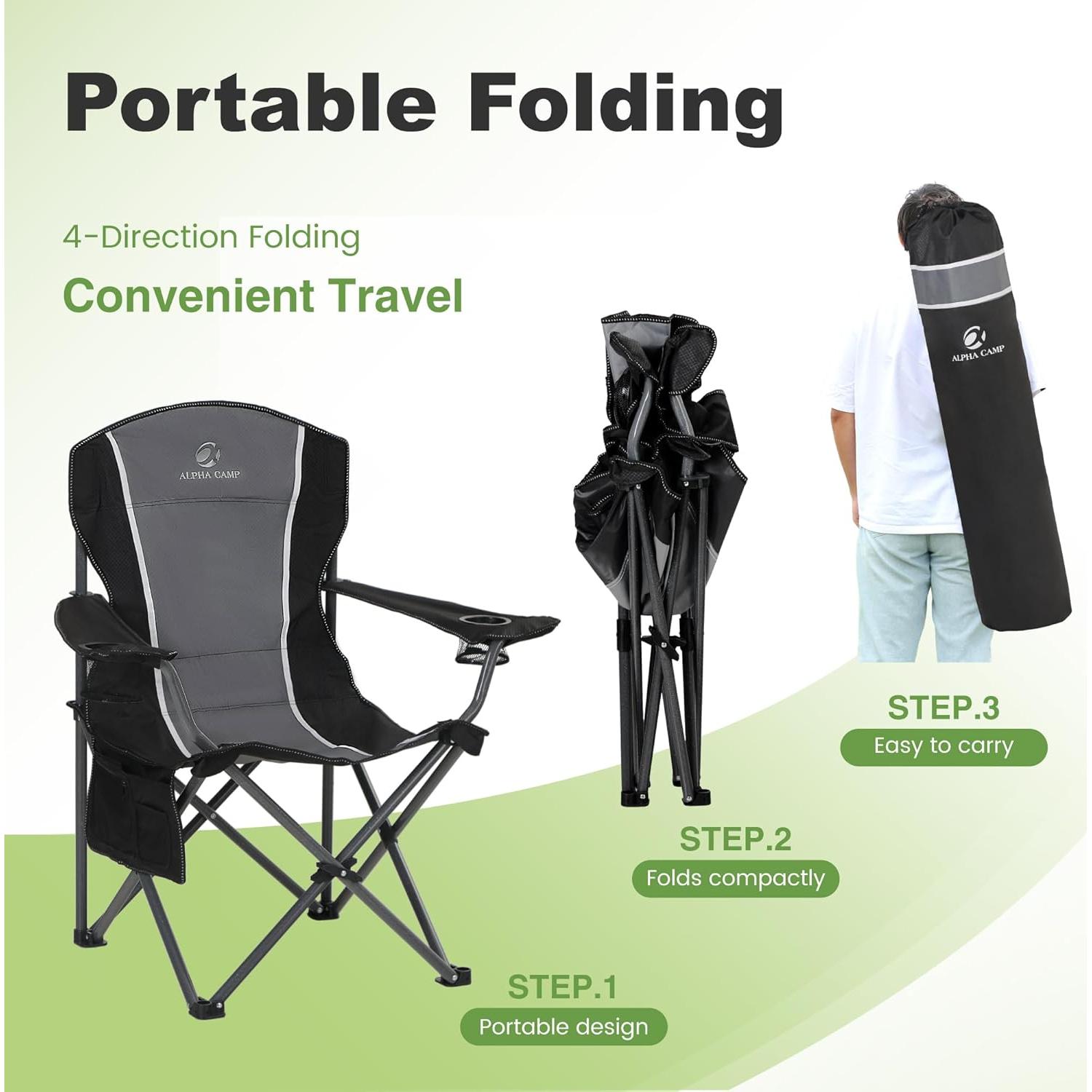 LET'S CAMP Oversized Outdoor Folding Camping Chair, 2 Pack Heavy Duty Arm Chairs with Cup Holder and Storage Bag, 350 LBS Weight Capacity, Grey