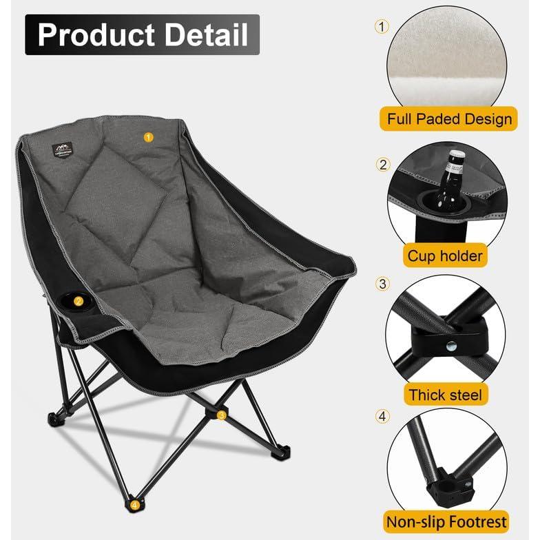Oversized Folding Camping Chairs,Portable Heavy Duty Outdoor Padded Lawn Chair w/Cup Holder Perfect for Adults Picnic,Parties,Picnics,and Beach Trips,Black