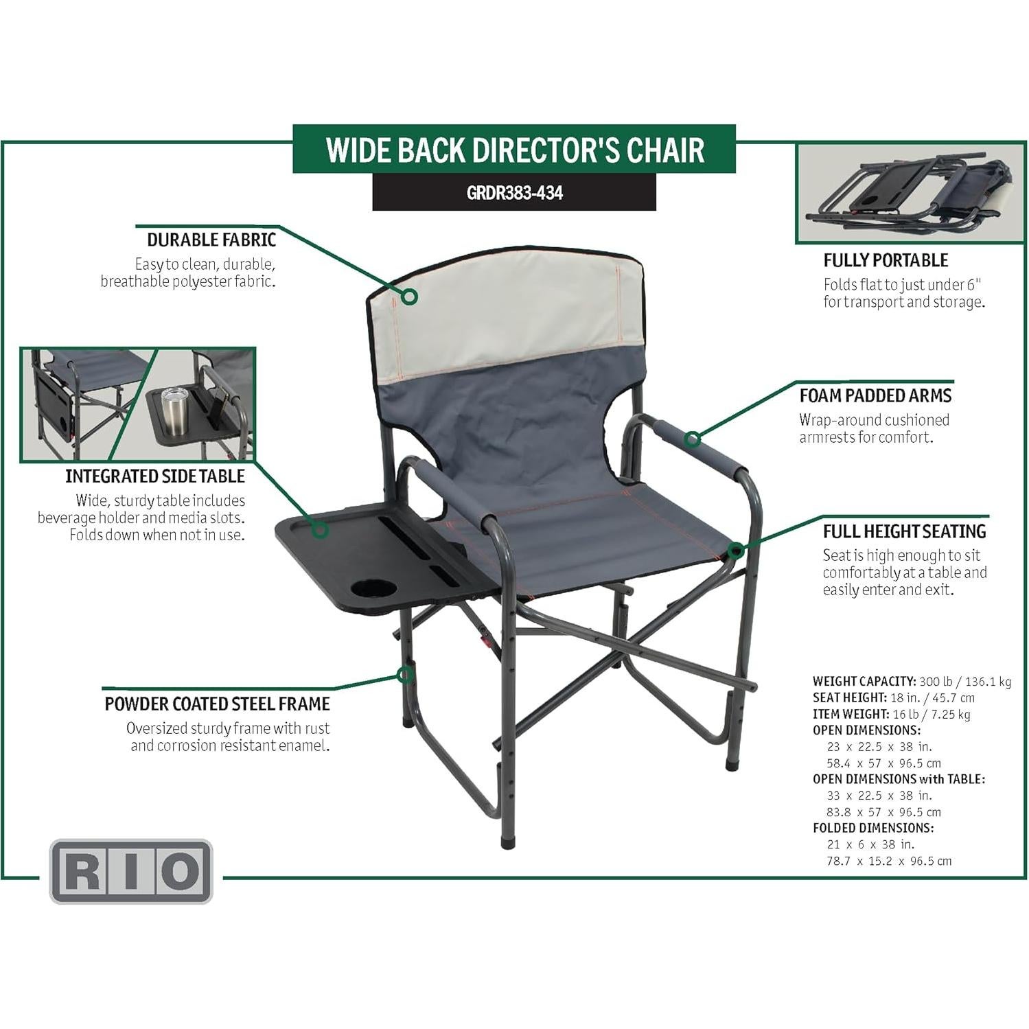 Rio Brands Set of 2 Broadback Compact Design Directors Outdoor Folding Camping Chair, Slate/Putty