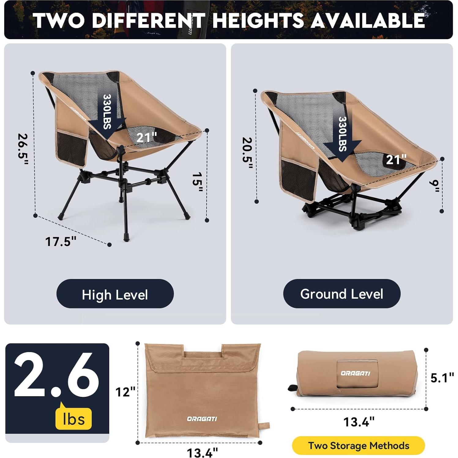 Folding Camping Chairs, Lightweight Backpacking Chair in Compact Design for Camp, Beach, Hiking, Outdoors, Khaki