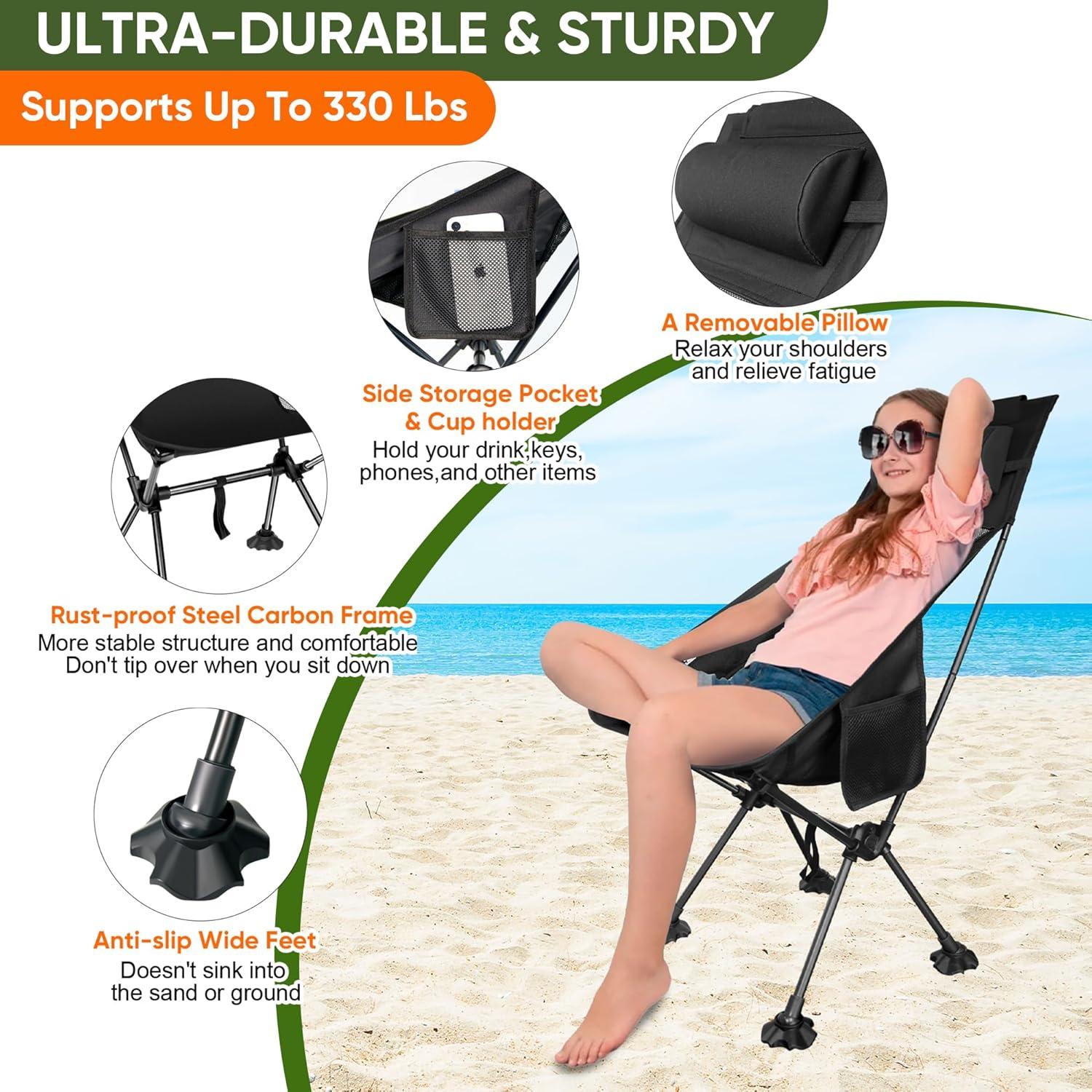 Camping Chairs,Portable Camping Chair for Adults with Headrest,Lawn Chairs Beach Chair with Anti-Sinking Feet Folding Backpacking Chair,Compact Foldable Travel Chair for Camp Backpack (High Back)