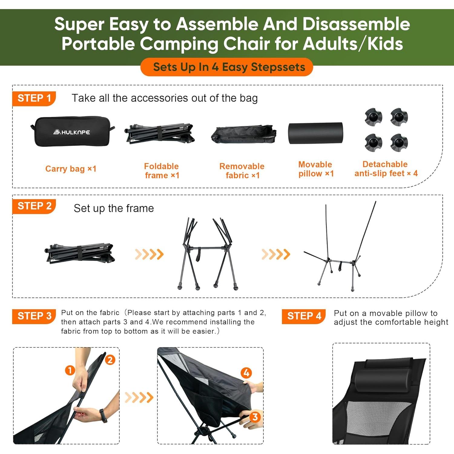 Camping Chairs,Portable Camping Chair for Adults with Headrest,Lawn Chairs Beach Chair with Anti-Sinking Feet Folding Backpacking Chair,Compact Foldable Travel Chair for Camp Backpack (High Back)