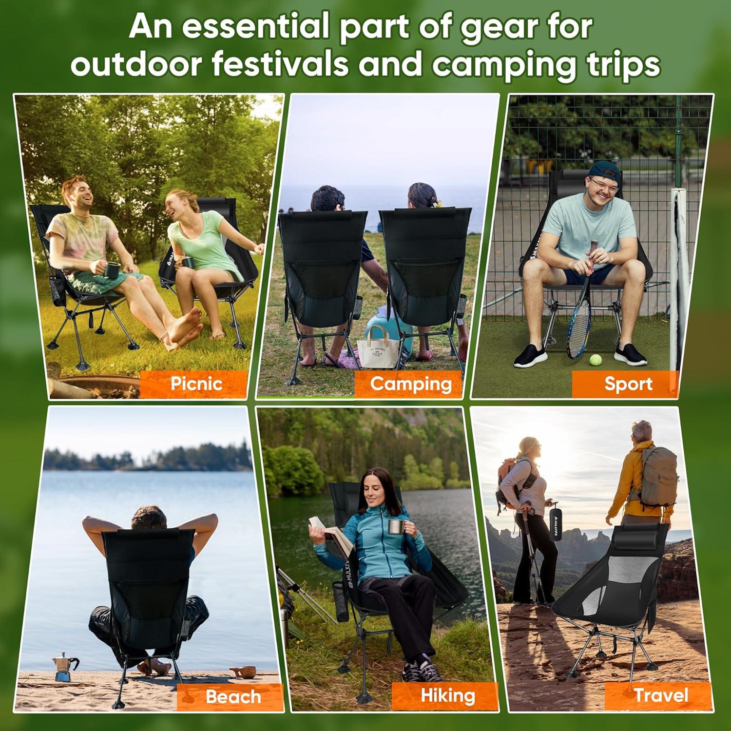 Camping Chairs,Portable Camping Chair for Adults with Headrest,Lawn Chairs Beach Chair with Anti-Sinking Feet Folding Backpacking Chair,Compact Foldable Travel Chair for Camp Backpack (High Back)