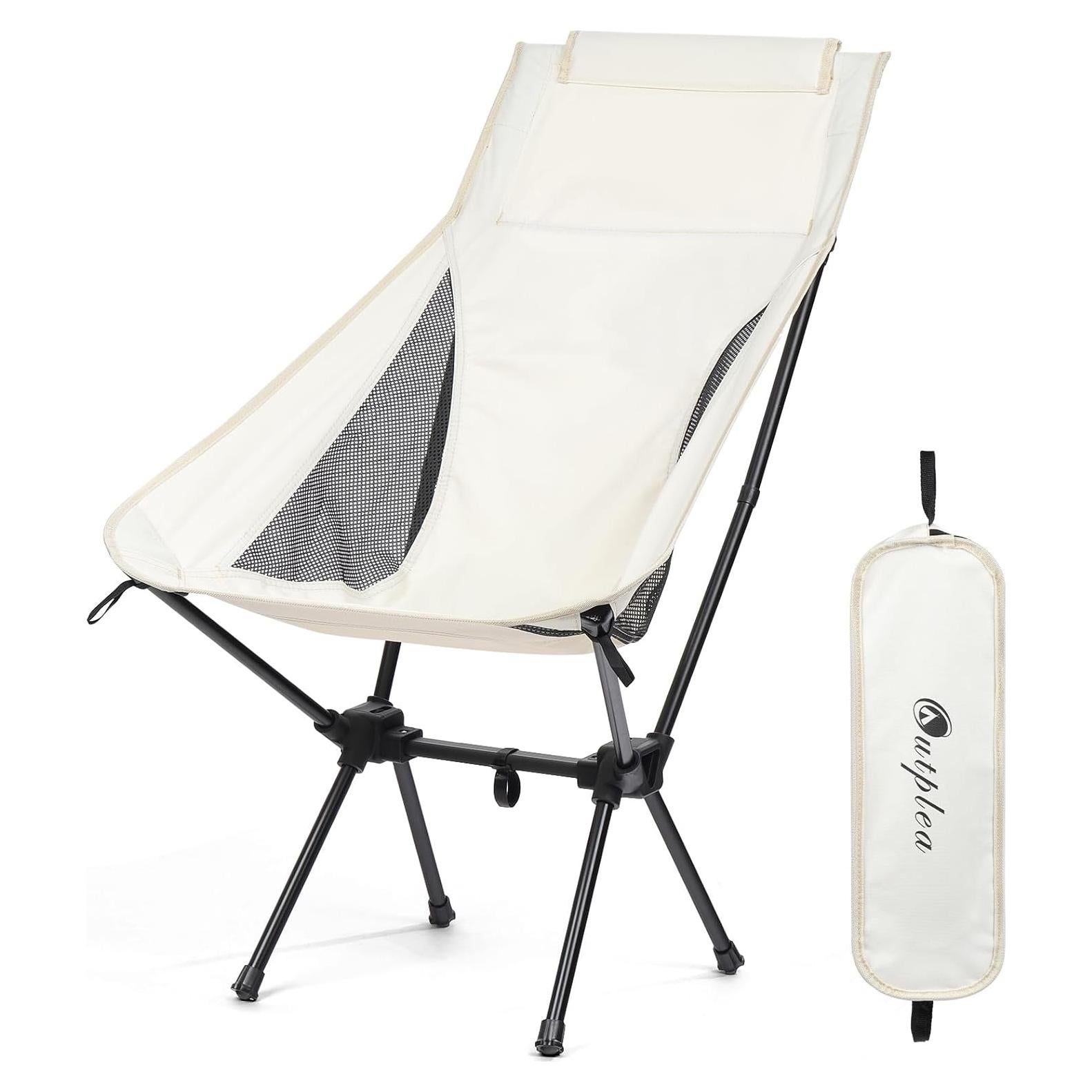 Folding Camping Chairs Men Women, High Back Beach Camping Chairs for Adults, Lightweight Backpacking Travel Chair for Hiking Outside Picnic, White