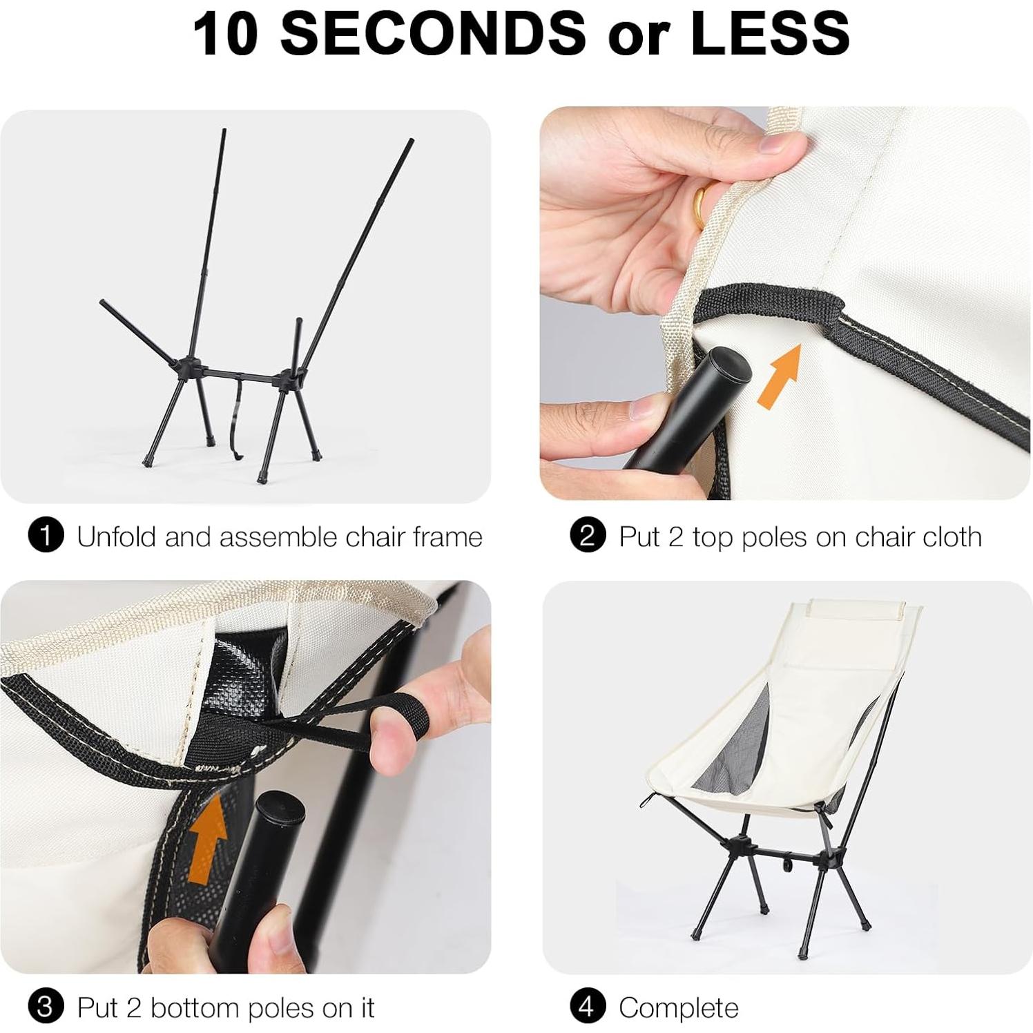 Folding Camping Chairs Men Women, High Back Beach Camping Chairs for Adults, Lightweight Backpacking Travel Chair for Hiking Outside Picnic, White