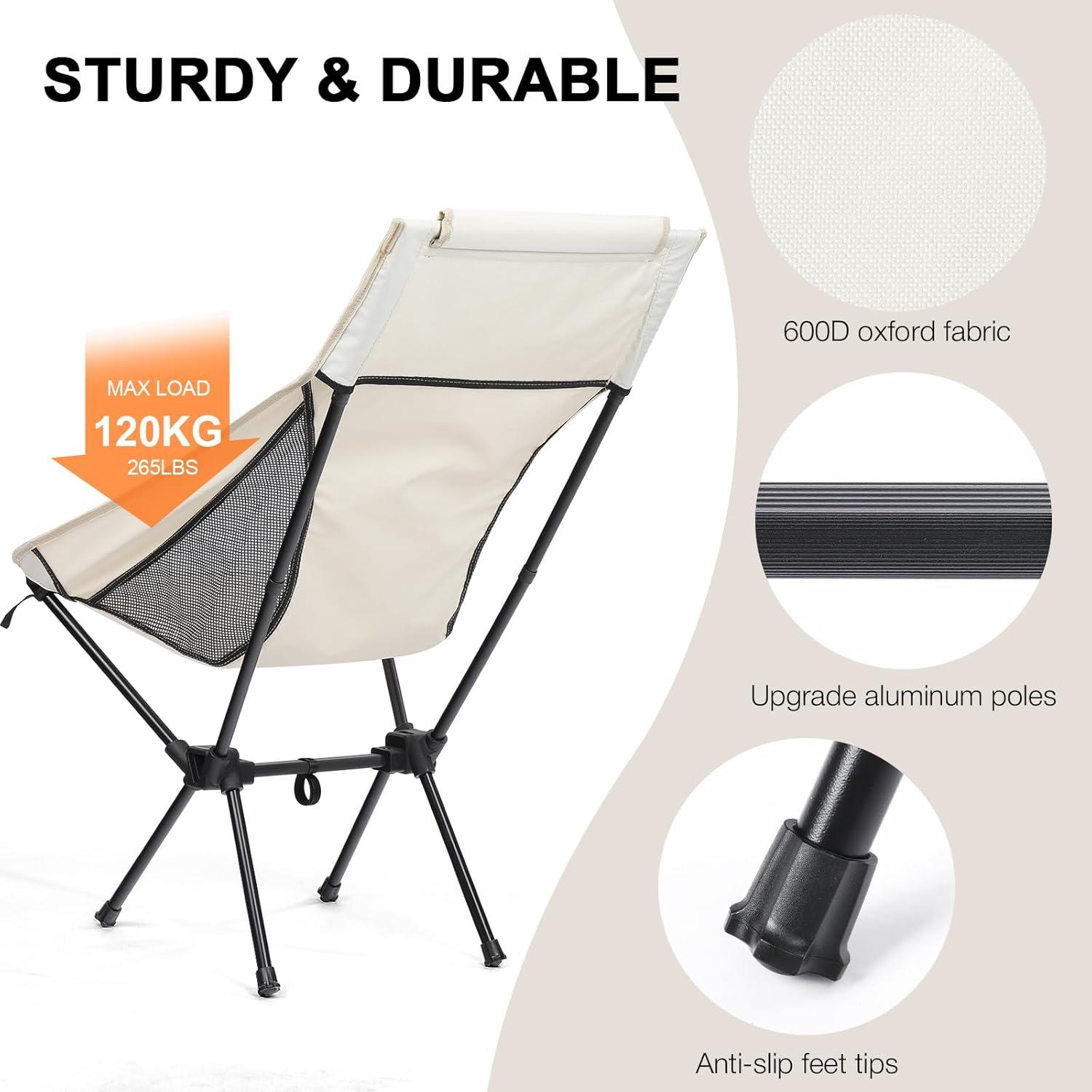 Folding Camping Chairs Men Women, High Back Beach Camping Chairs for Adults, Lightweight Backpacking Travel Chair for Hiking Outside Picnic, White