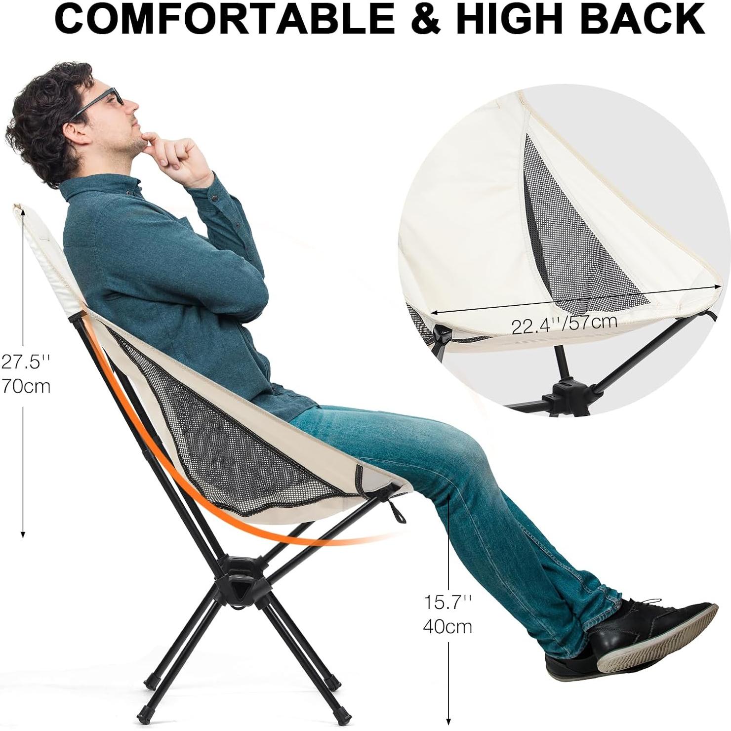 Folding Camping Chairs Men Women, High Back Beach Camping Chairs for Adults, Lightweight Backpacking Travel Chair for Hiking Outside Picnic, White