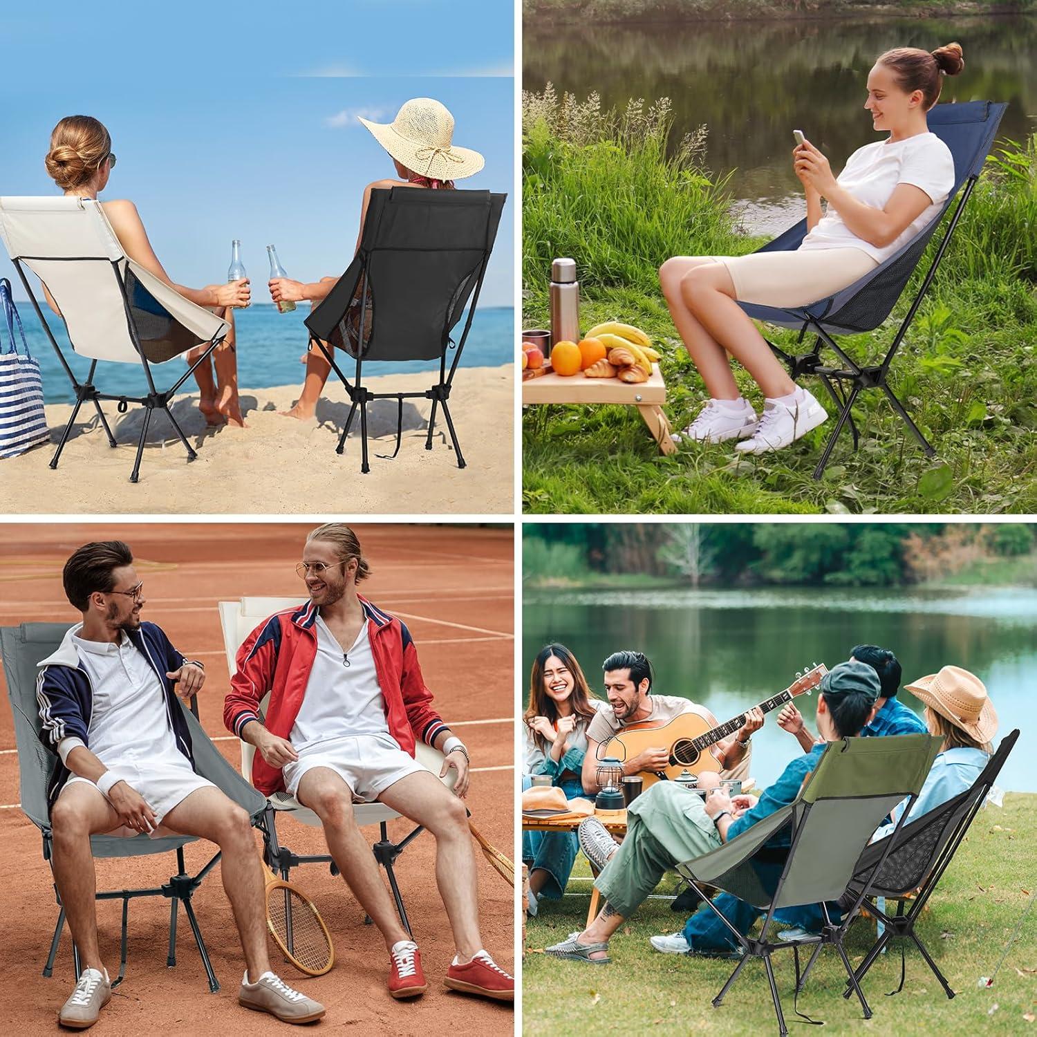 Folding Camping Chairs Men Women, High Back Beach Camping Chairs for Adults, Lightweight Backpacking Travel Chair for Hiking Outside Picnic, White