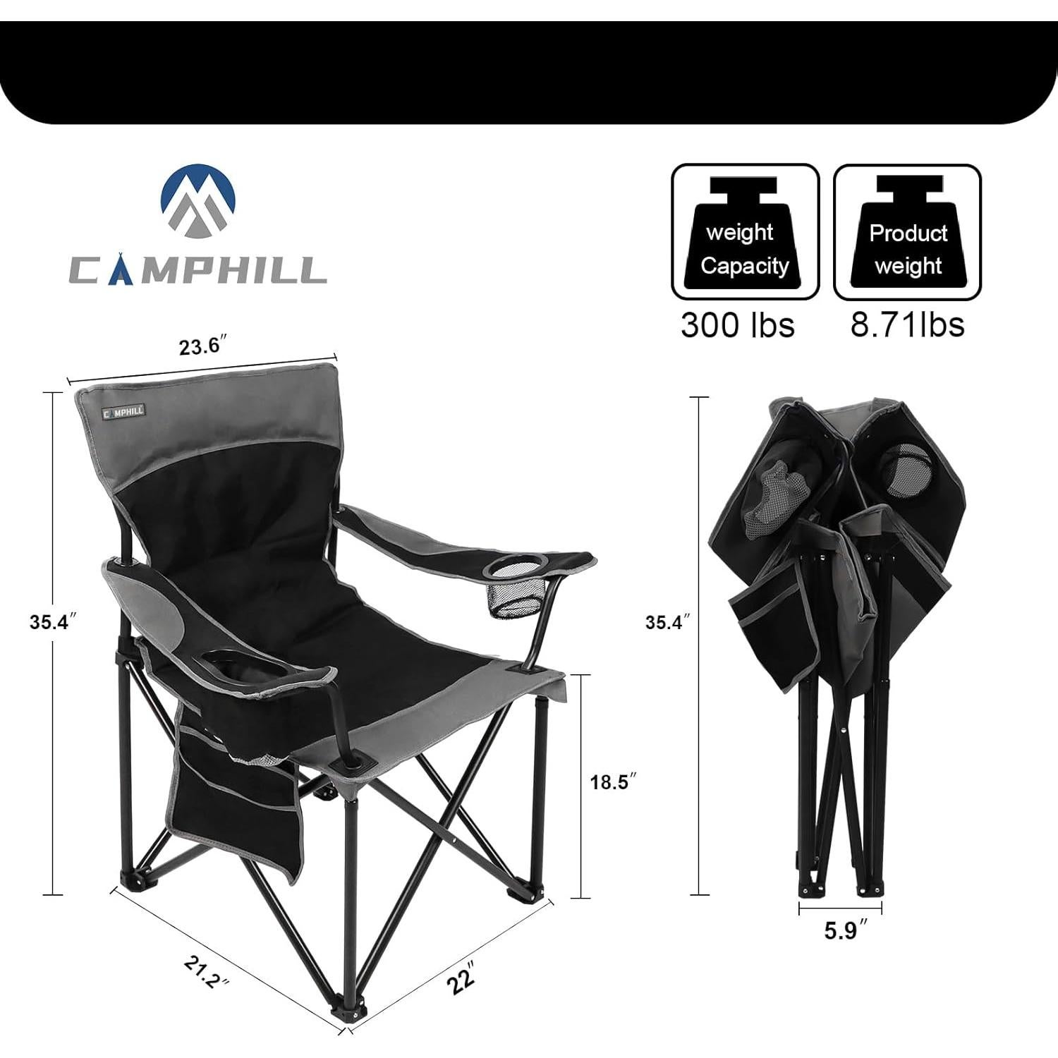 Silla de Camping Plegable CampHill Oxford Negra 136kg