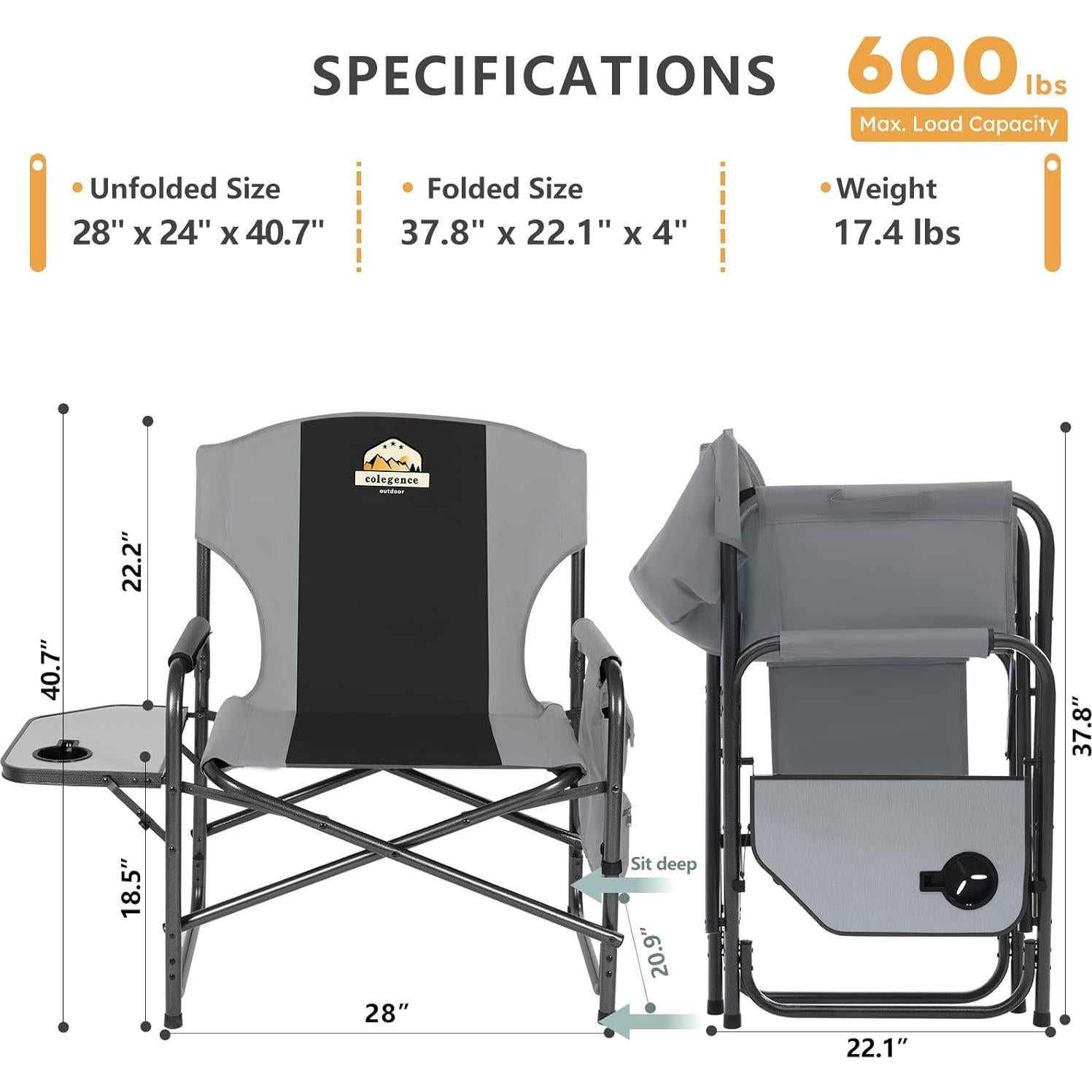 Juego de 2 Sillas de Camping Colegence Plegables 600 LBS Negro