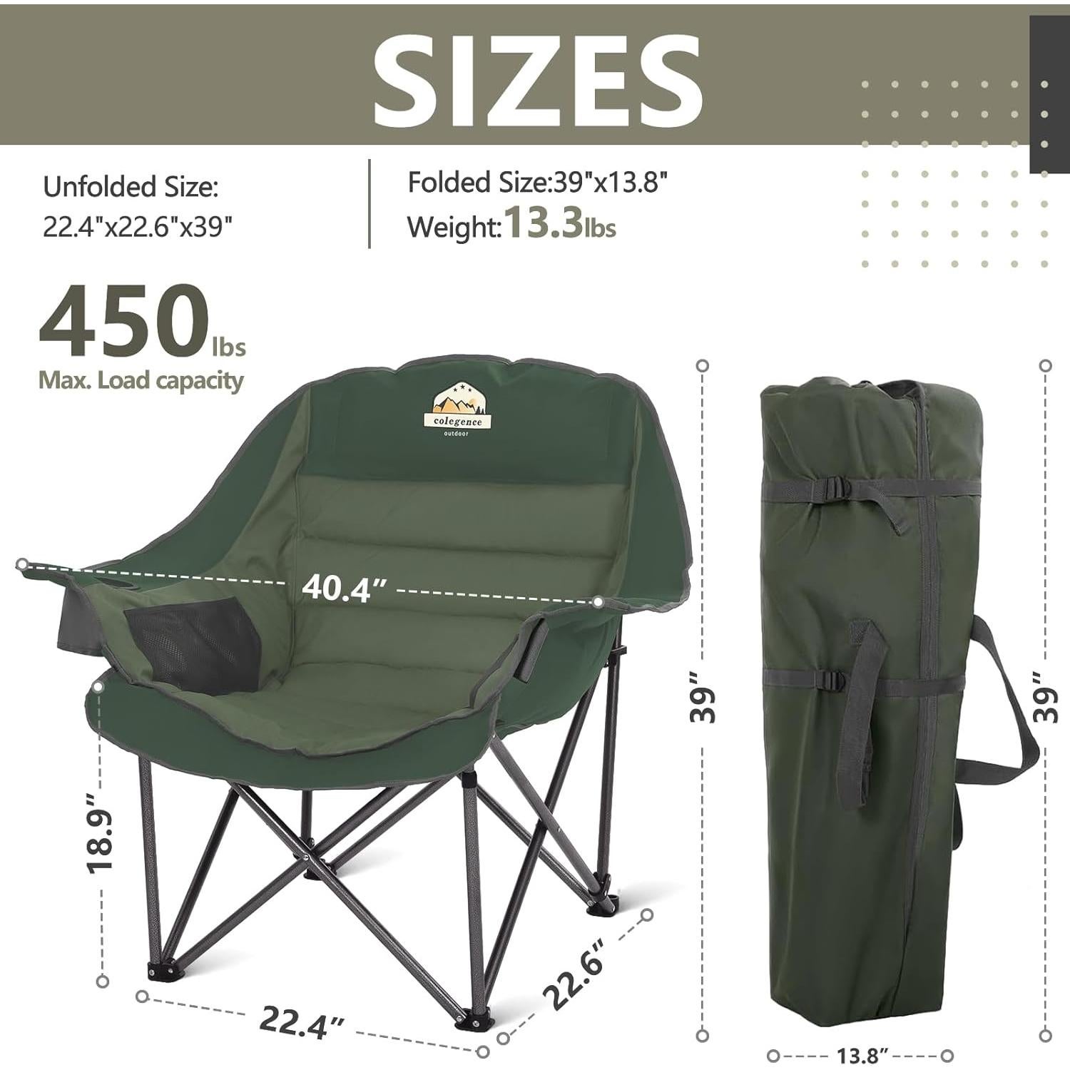 Silla de Camping Padded Colegence XL Verde Plegable 450 lbs