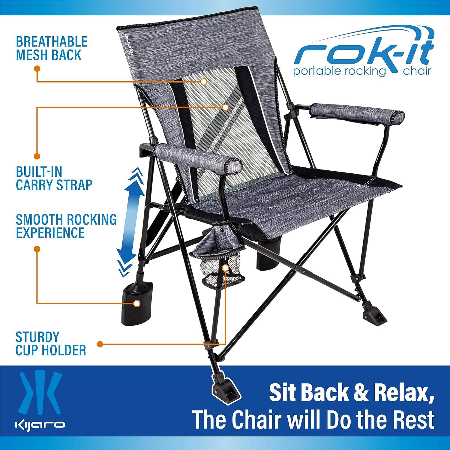 Kijaro Rok-it, Rocking Camp Chair - Enjoy The Outdoors with a Rocker Camp Chair - Multipurpose Portable Rocking Chair, Folding Chair, Lawn Chair, and Sports Chair - Hallett Peak Gray