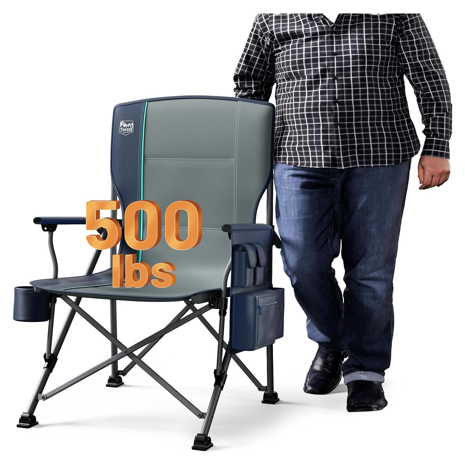 TIMBER RIDGE Oversized Folding Camping Chair High Back Heavy Duty for Adults Support up to 500lbs with Cup Holder, Side Pocket Cooler Bag