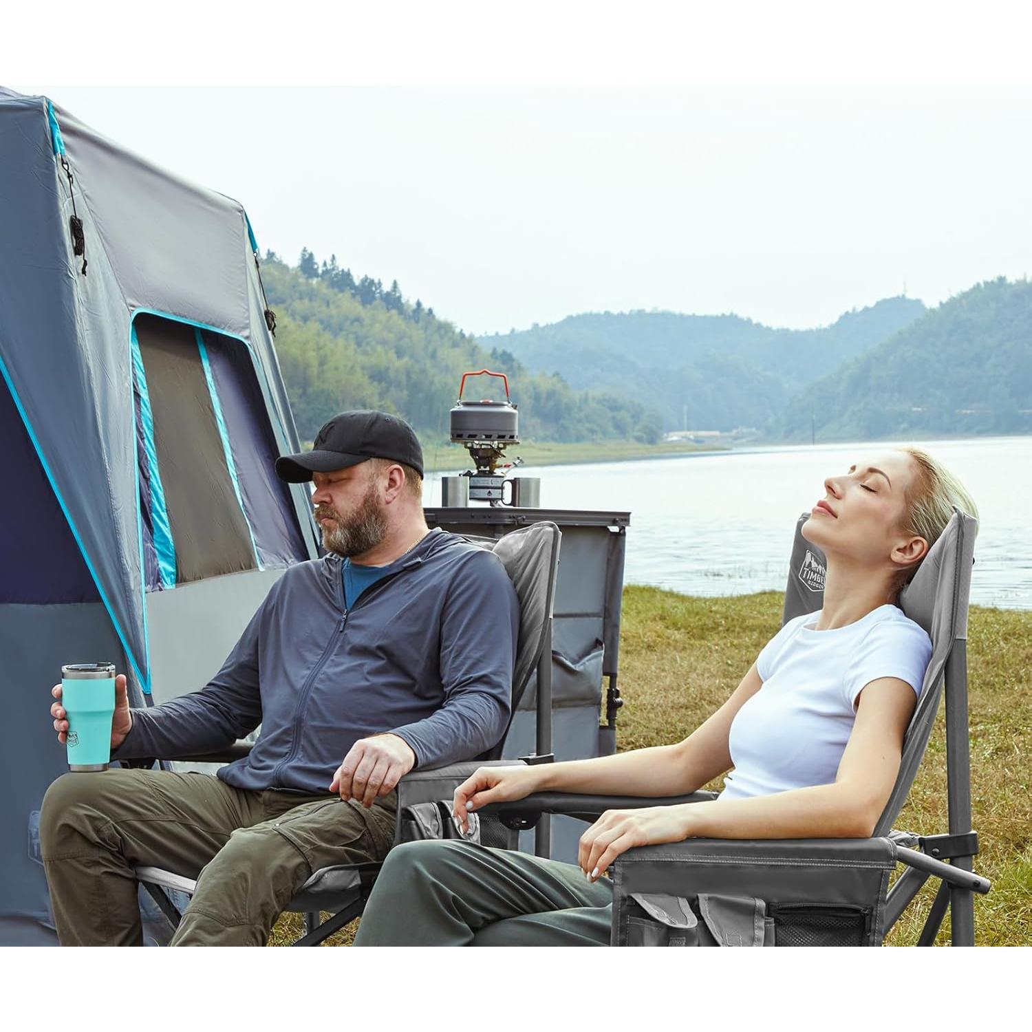 TIMBER RIDGE Oversized Folding Camping Chair High Back Heavy Duty for Adults Support up to 500lbs with Cup Holder, Side Pocket Cooler Bag