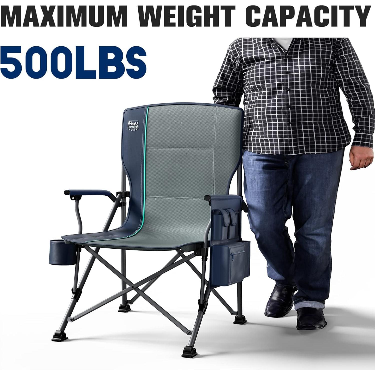TIMBER RIDGE Oversized Folding Camping Chair High Back Heavy Duty for Adults Support up to 500lbs with Cup Holder, Side Pocket Cooler Bag