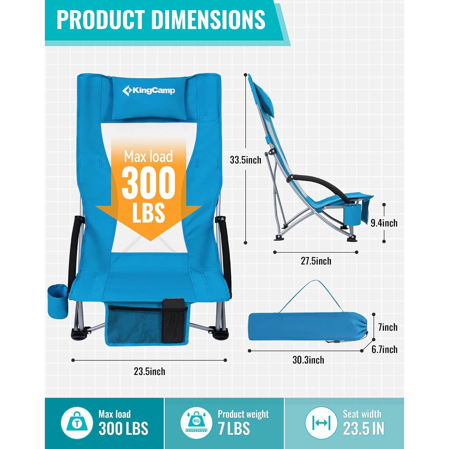 Silla de Playa KingCamp KC1901 Plegable Alta Resistencia 136kg