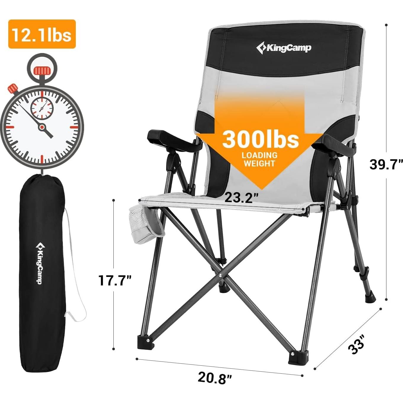 KingCamp Camping Chairs Adjustble Backrest, Heavy Duty Folding Chair, Reclining Camping Chair, Outdoor Lawn Chair, High Back Padded Camp Chair for Adults(Black/Grey)