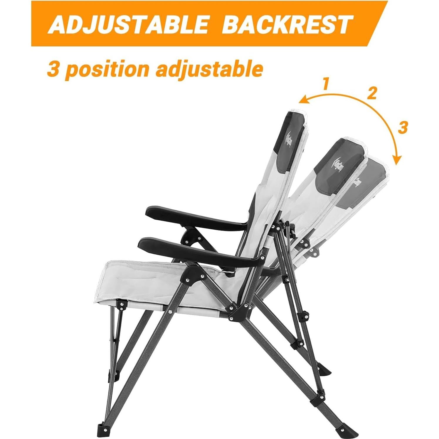 KingCamp Camping Chairs Adjustble Backrest, Heavy Duty Folding Chair, Reclining Camping Chair, Outdoor Lawn Chair, High Back Padded Camp Chair for Adults(Black/Grey)