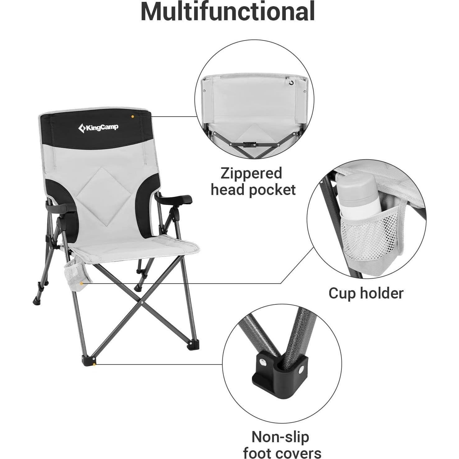 KingCamp Camping Chairs Adjustble Backrest, Heavy Duty Folding Chair, Reclining Camping Chair, Outdoor Lawn Chair, High Back Padded Camp Chair for Adults(Black/Grey)