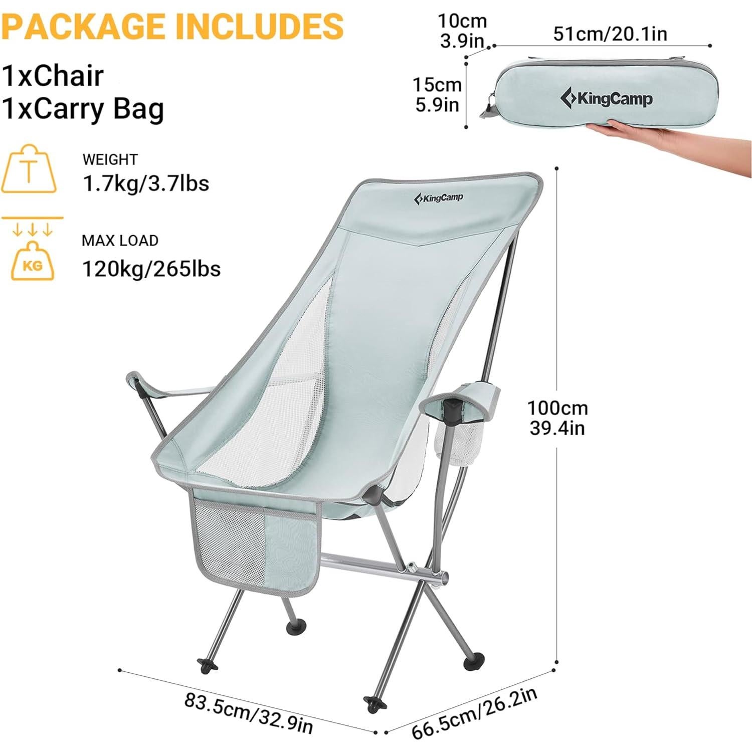 Silla de Camping Plegable KingCamp KC2015 Gris con Reposabrazos