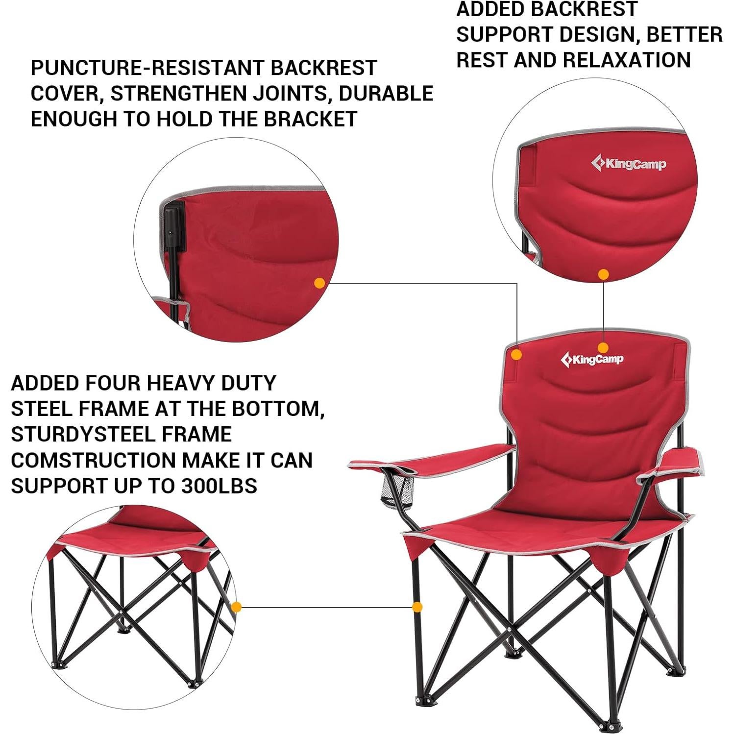 Silla de Camping Plegable KingCamp Acolchada 136kg Roja