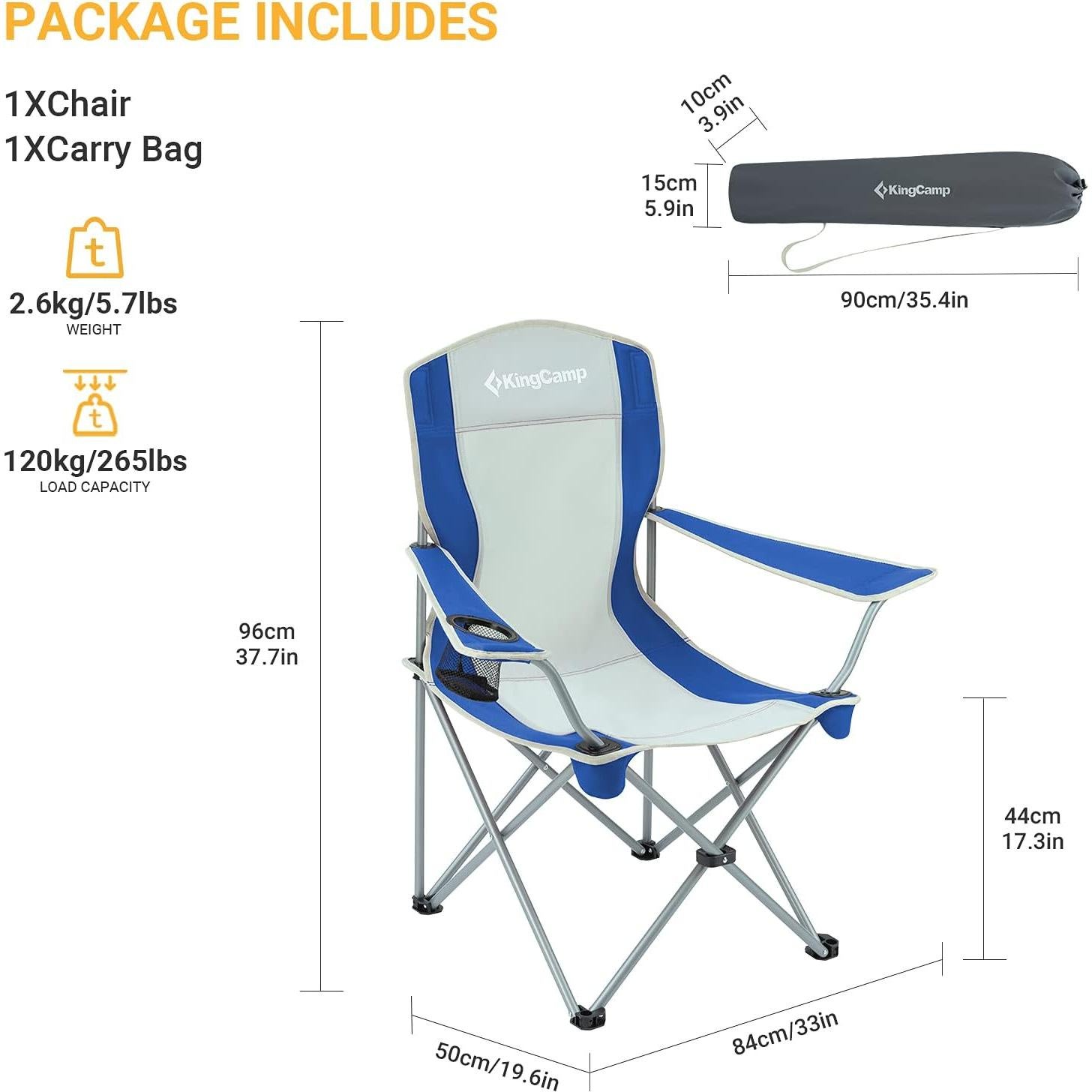 Silla de Camping Plegable KingCamp KC3818 Azul/Gris 120 kg