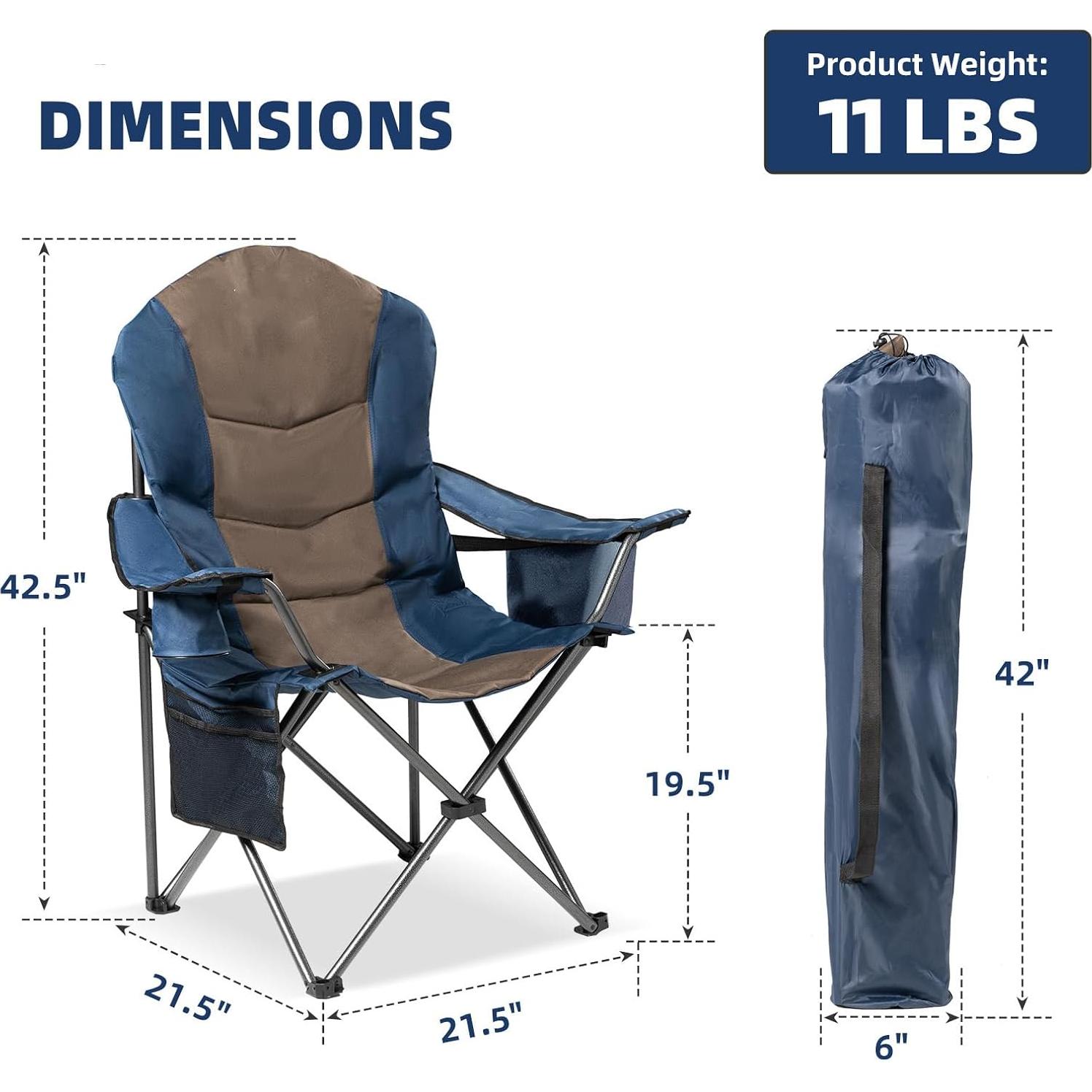2 Pack Folding Camping Chairs for Adults - High Back Padded Portable Outdoor Lawn Chairs 400lbs Capacity, Adjustable Armrests - Lightweight Camp Chairs Set (Blue & Brown)