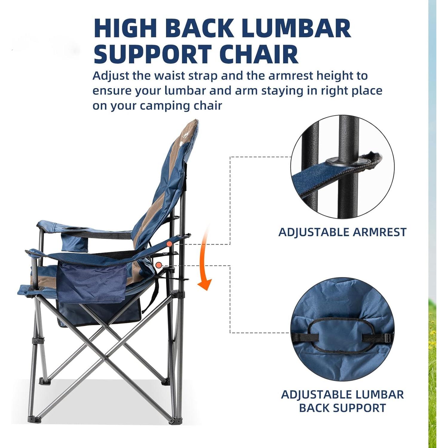 2 Pack Folding Camping Chairs for Adults - High Back Padded Portable Outdoor Lawn Chairs 400lbs Capacity, Adjustable Armrests - Lightweight Camp Chairs Set (Blue & Brown)