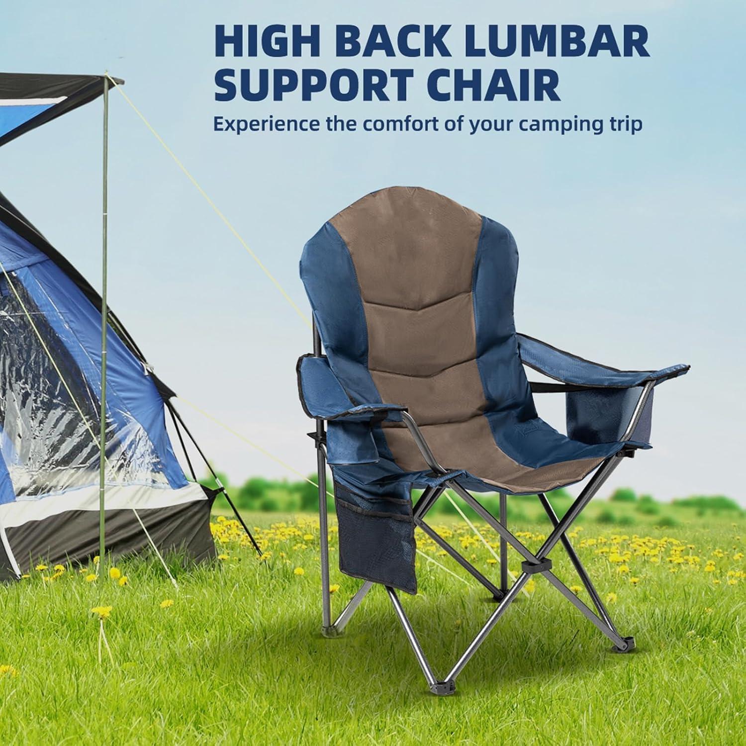 2 Pack Folding Camping Chairs for Adults - High Back Padded Portable Outdoor Lawn Chairs 400lbs Capacity, Adjustable Armrests - Lightweight Camp Chairs Set (Blue & Brown)