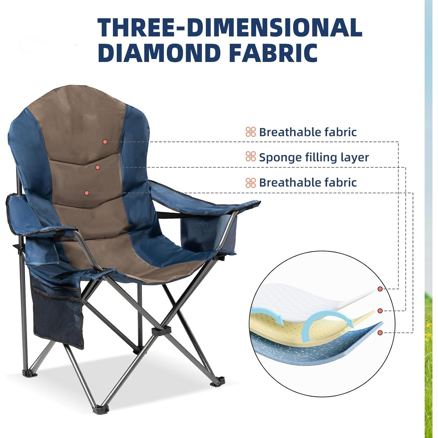 2 Pack Folding Camping Chairs for Adults - High Back Padded Portable Outdoor Lawn Chairs 400lbs Capacity, Adjustable Armrests - Lightweight Camp Chairs Set (Blue & Brown)