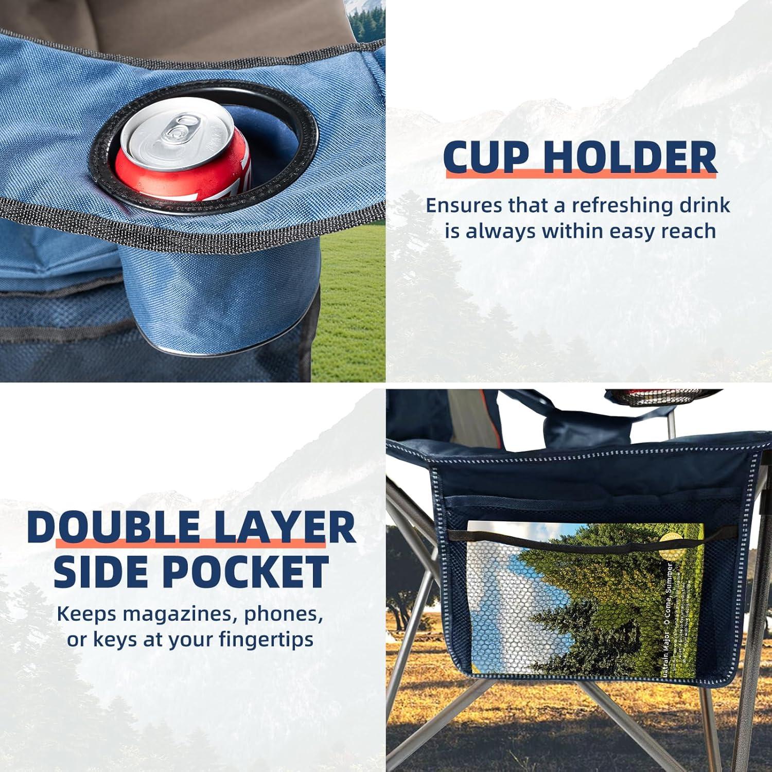 2 Pack Folding Camping Chairs for Adults - High Back Padded Portable Outdoor Lawn Chairs 400lbs Capacity, Adjustable Armrests - Lightweight Camp Chairs Set (Blue & Brown)