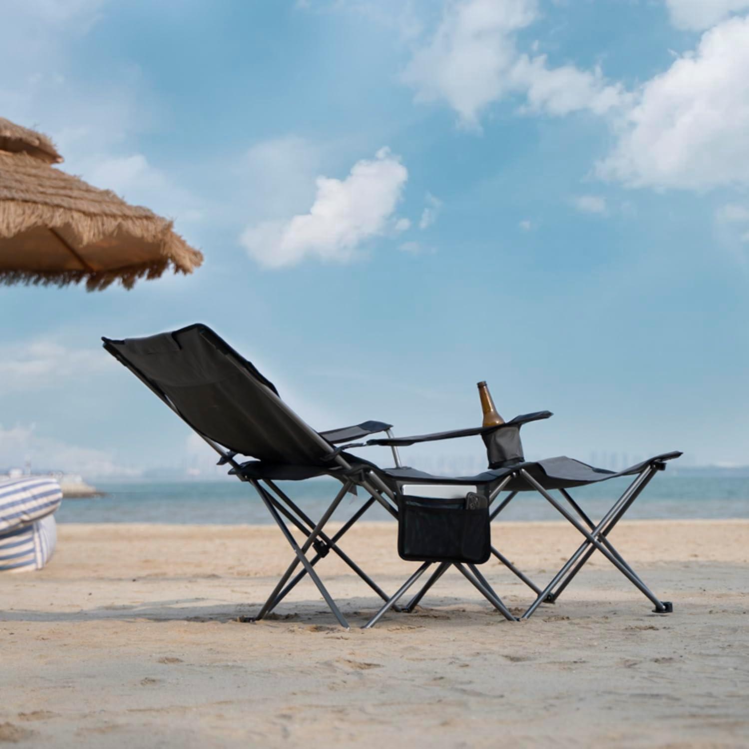 apollo walker Camping Chairs for Adults - 6 Legged Beach Chair with Foot Rest, Adjustable 90° - 135° Reclining Lounge Chair Outdoor, Folding Chairs for Outside with Detachable Pillow & Carry Bag Grey