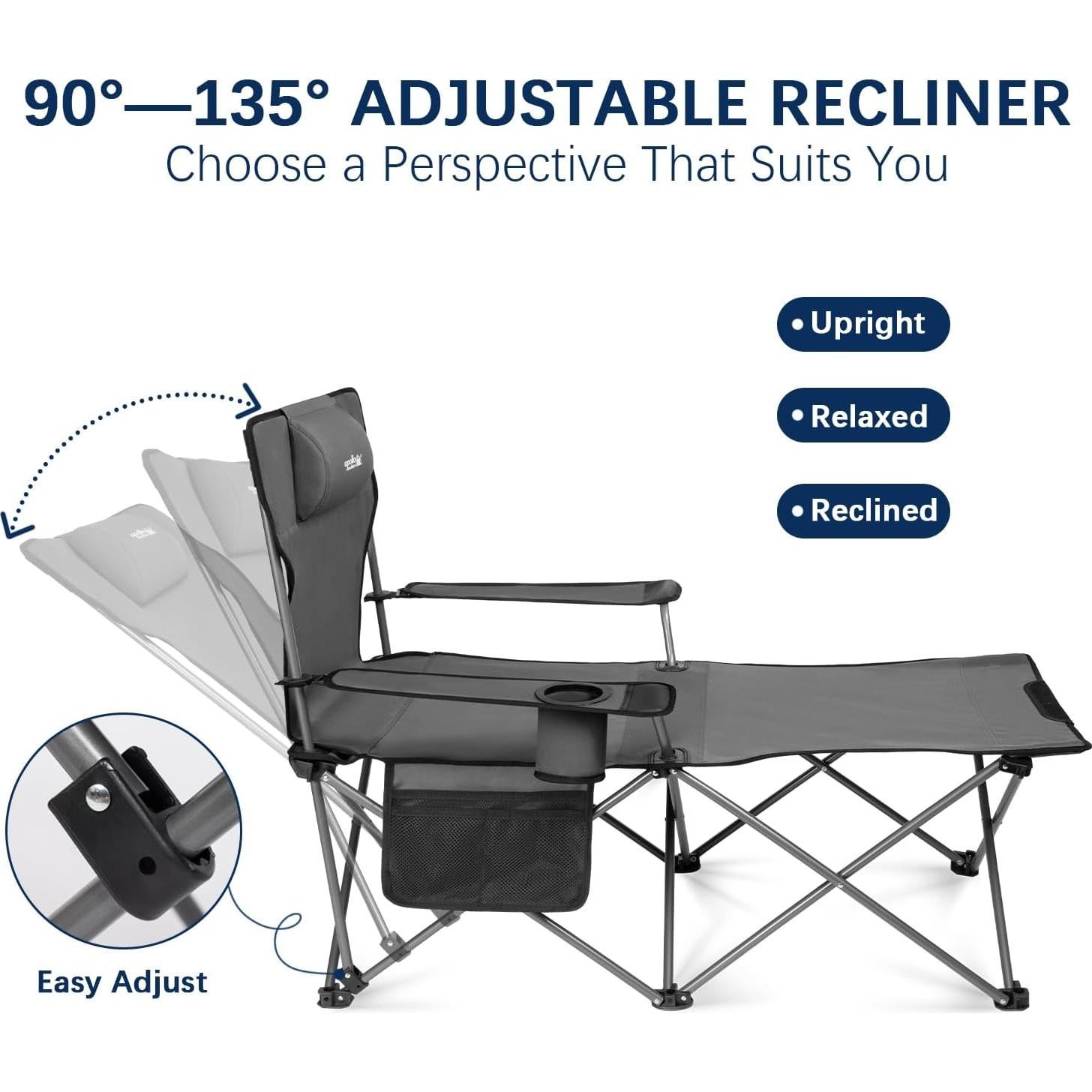 apollo walker Camping Chairs for Adults - 6 Legged Beach Chair with Foot Rest, Adjustable 90° - 135° Reclining Lounge Chair Outdoor, Folding Chairs for Outside with Detachable Pillow & Carry Bag Grey