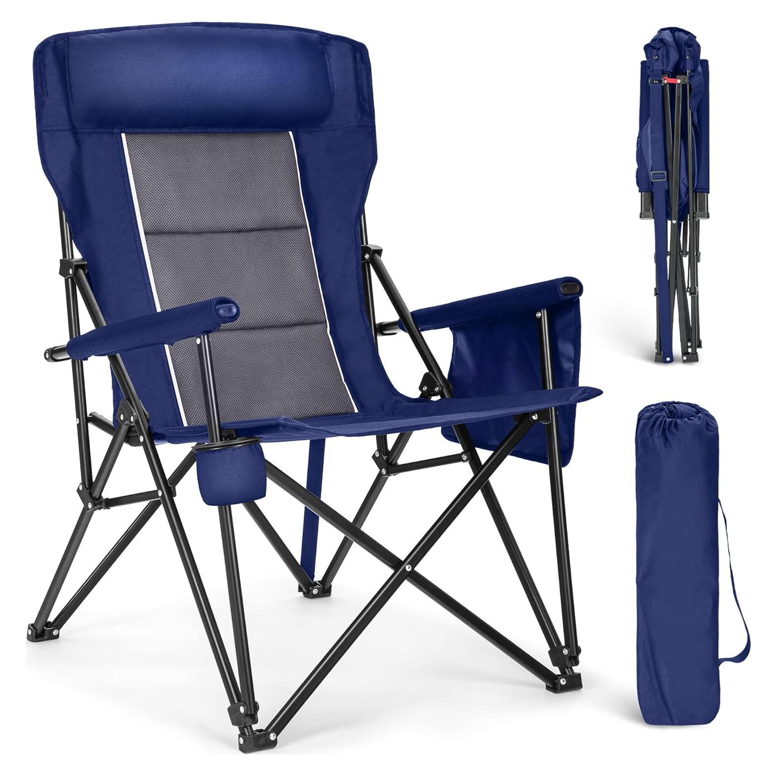 ALPHA CAMP Oversized Folding Camping Chairs High Backrest Heavy Duty Lawn Chairs for Adults Support 500 LBS Portable Camp Chairs with Cup Holders Large Side Pocket for Outdoor
