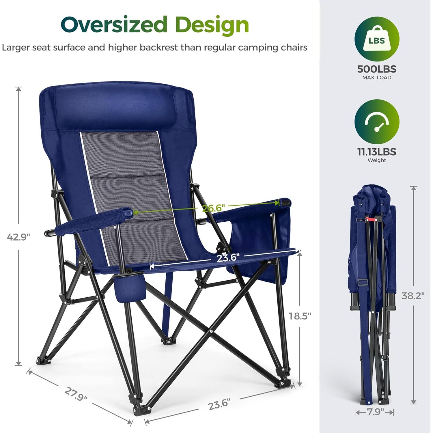 ALPHA CAMP Oversized Folding Camping Chairs High Backrest Heavy Duty Lawn Chairs for Adults Support 500 LBS Portable Camp Chairs with Cup Holders Large Side Pocket for Outdoor