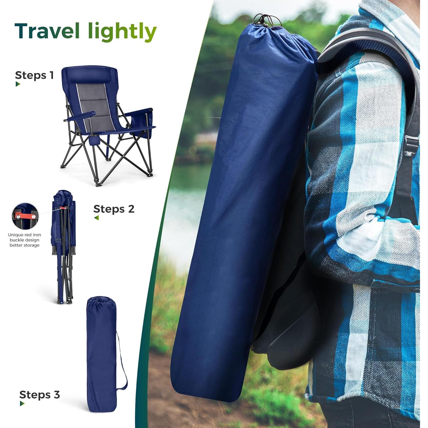 ALPHA CAMP Oversized Folding Camping Chairs High Backrest Heavy Duty Lawn Chairs for Adults Support 500 LBS Portable Camp Chairs with Cup Holders Large Side Pocket for Outdoor