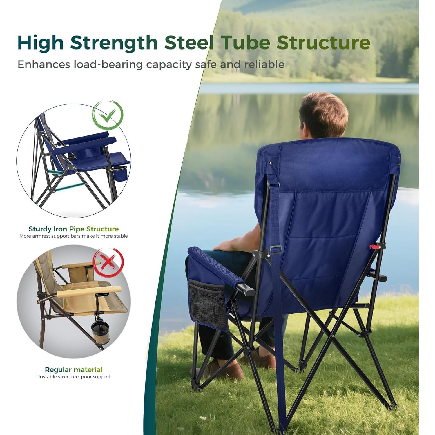 ALPHA CAMP Oversized Folding Camping Chairs High Backrest Heavy Duty Lawn Chairs for Adults Support 500 LBS Portable Camp Chairs with Cup Holders Large Side Pocket for Outdoor