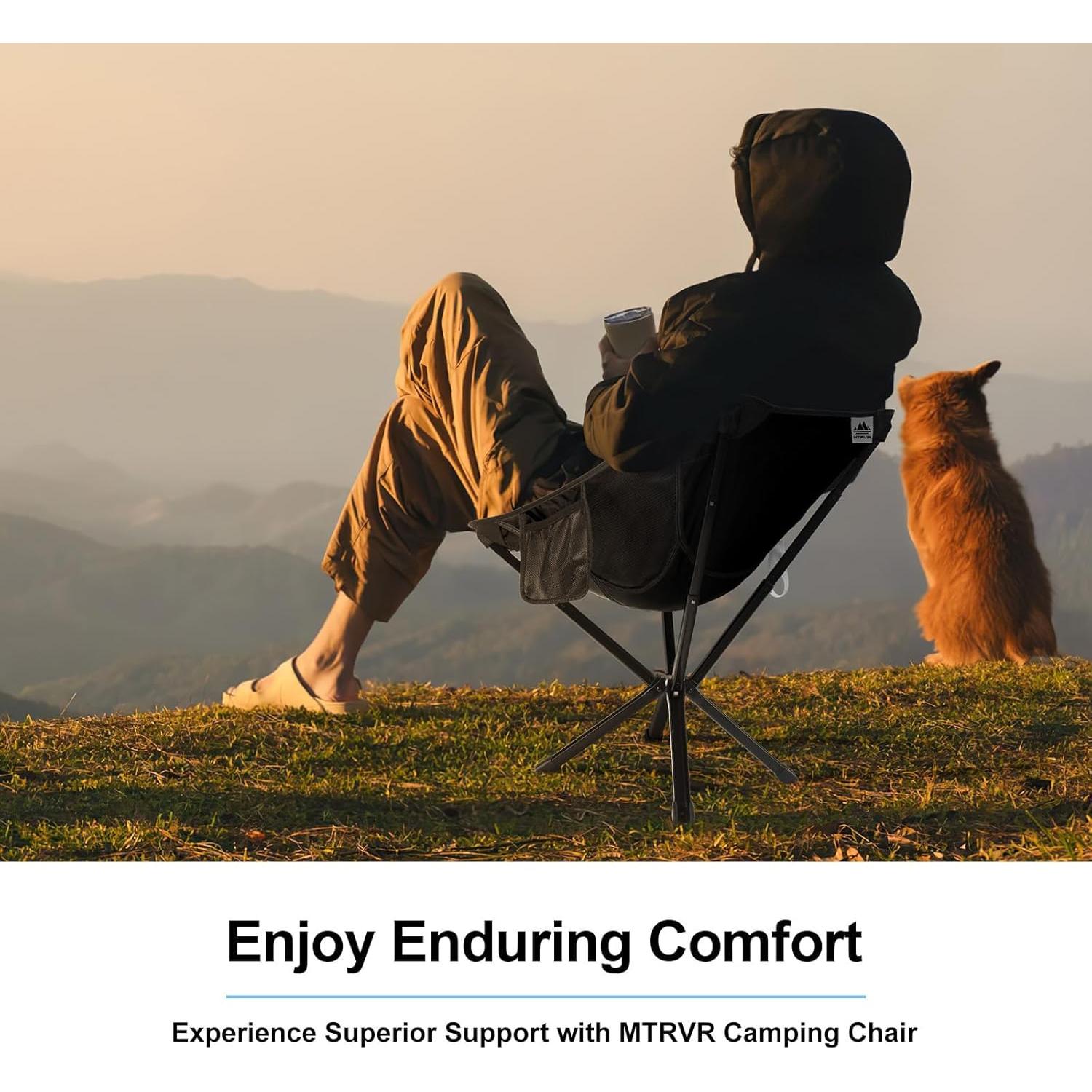 Silla de Camping Plegable MTRVR Negra, Soporta 272 Kg, Ligera