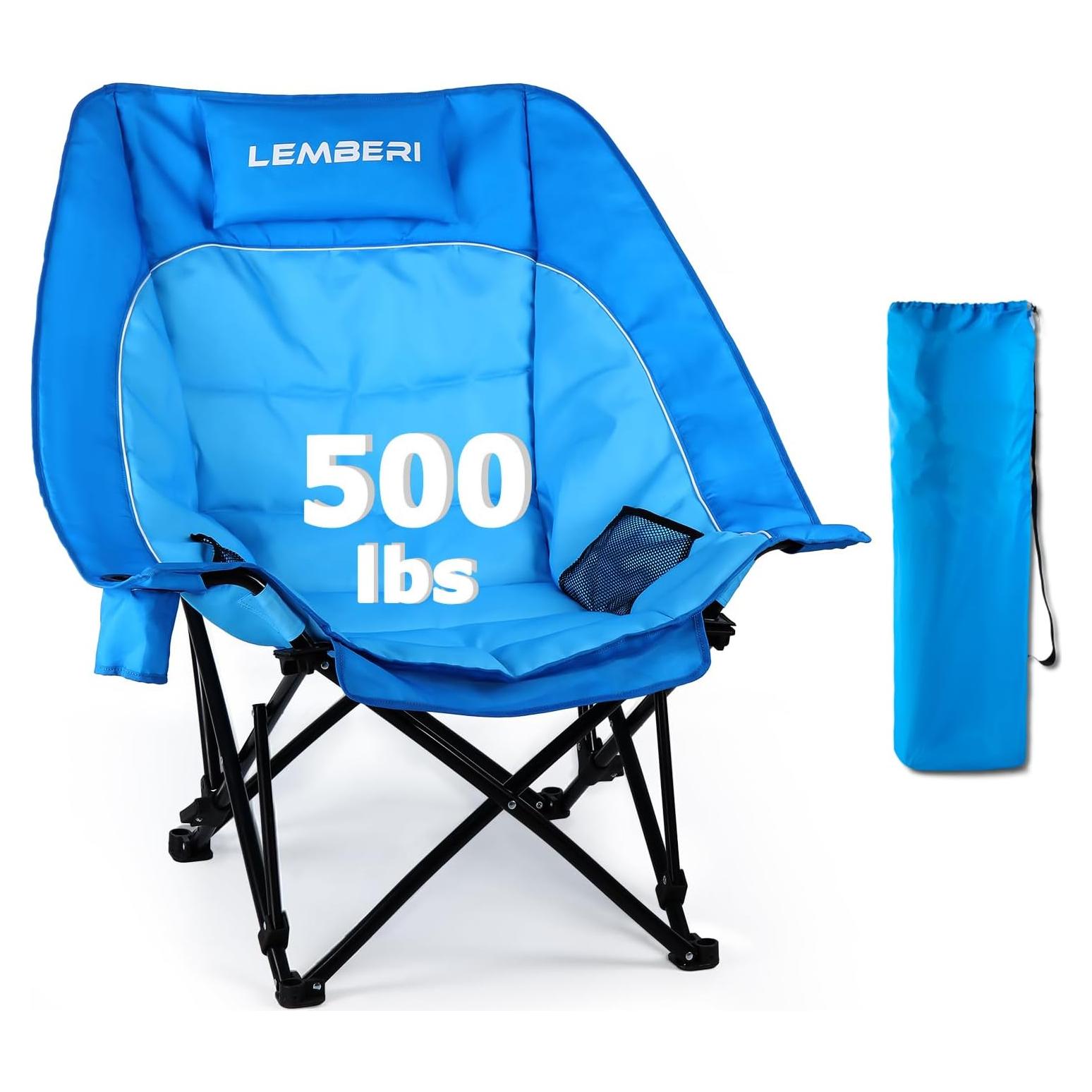 LEMBERI Oversized Heavy Duty Camping Chair for Adults,500lbs Comfortable Folding Lawn Chairs,Large Outdoor Portable Chair with Cup Holder,Side Pocket and Cooler Bag