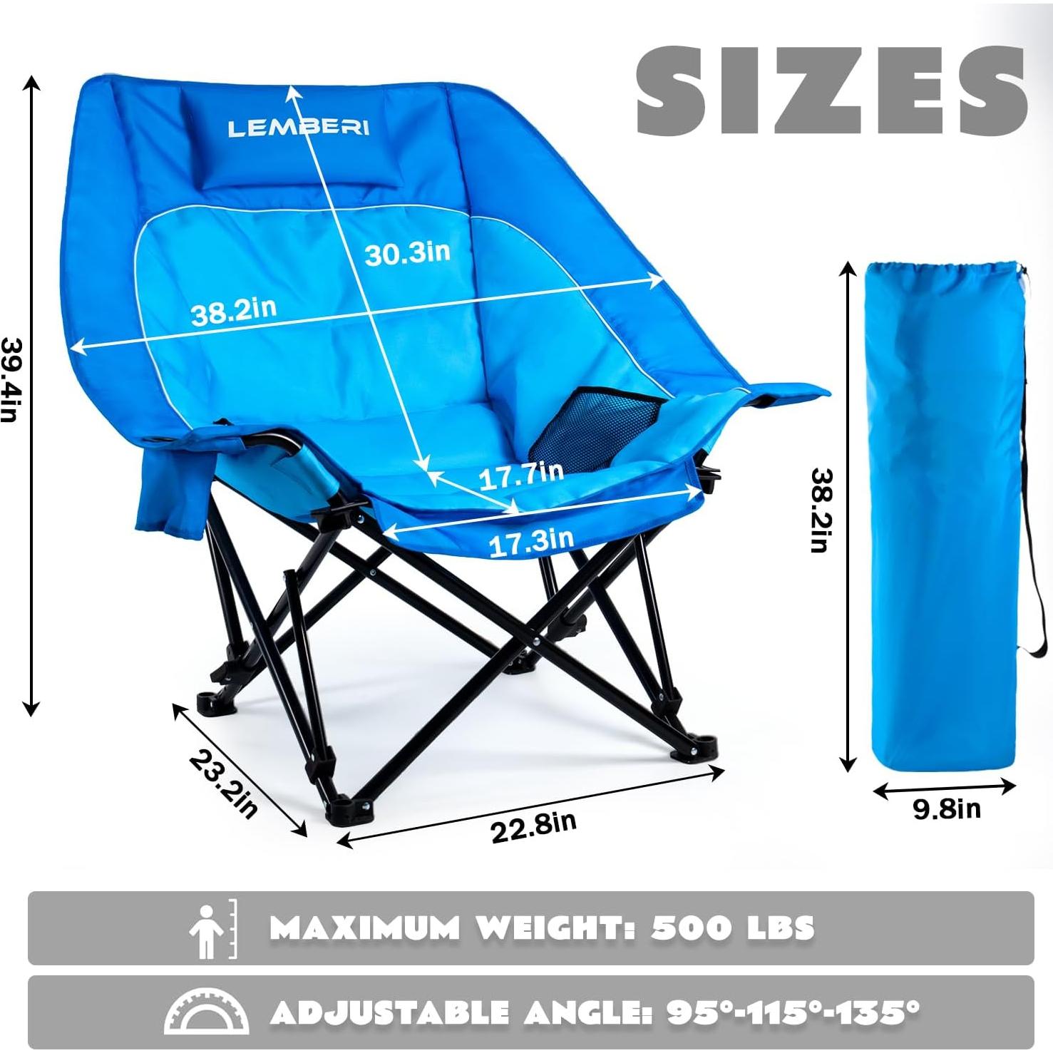 LEMBERI Oversized Heavy Duty Camping Chair for Adults,500lbs Comfortable Folding Lawn Chairs,Large Outdoor Portable Chair with Cup Holder,Side Pocket and Cooler Bag