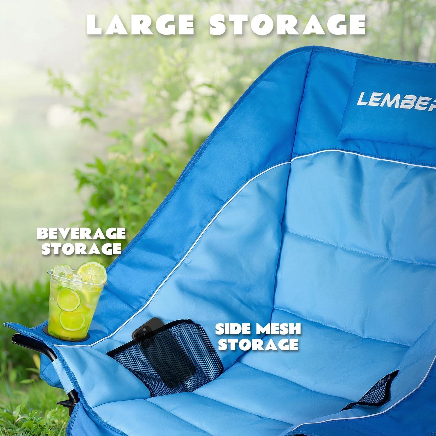LEMBERI Oversized Heavy Duty Camping Chair for Adults,500lbs Comfortable Folding Lawn Chairs,Large Outdoor Portable Chair with Cup Holder,Side Pocket and Cooler Bag