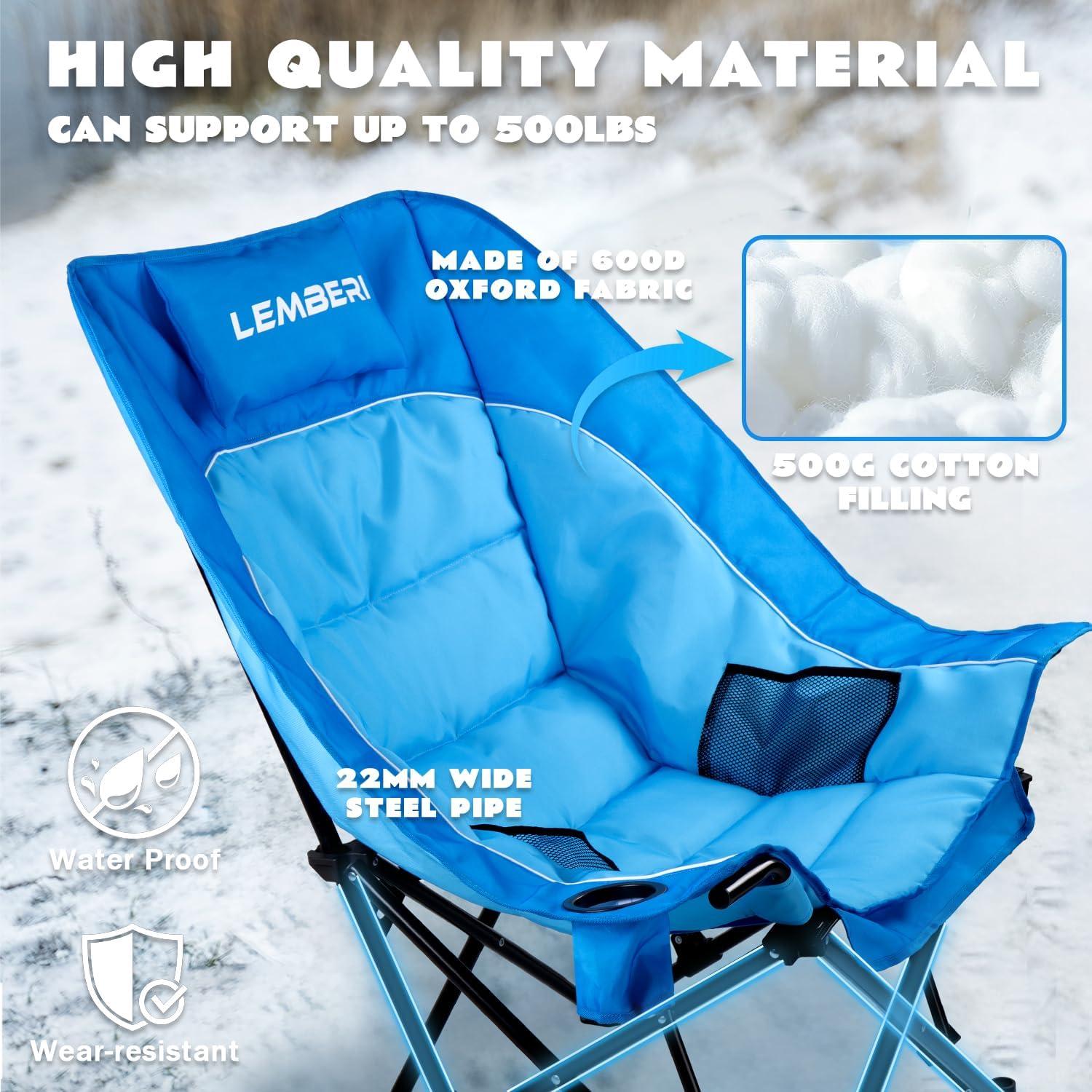 LEMBERI Oversized Heavy Duty Camping Chair for Adults,500lbs Comfortable Folding Lawn Chairs,Large Outdoor Portable Chair with Cup Holder,Side Pocket and Cooler Bag