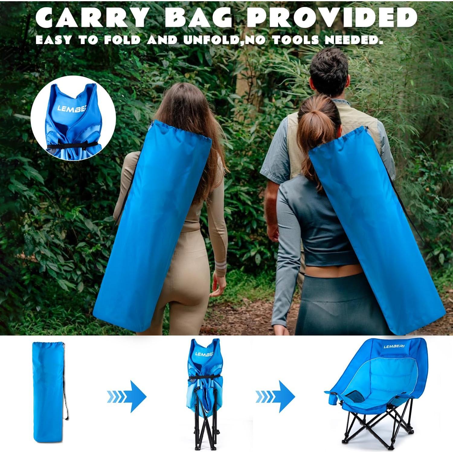 LEMBERI Oversized Heavy Duty Camping Chair for Adults,500lbs Comfortable Folding Lawn Chairs,Large Outdoor Portable Chair with Cup Holder,Side Pocket and Cooler Bag