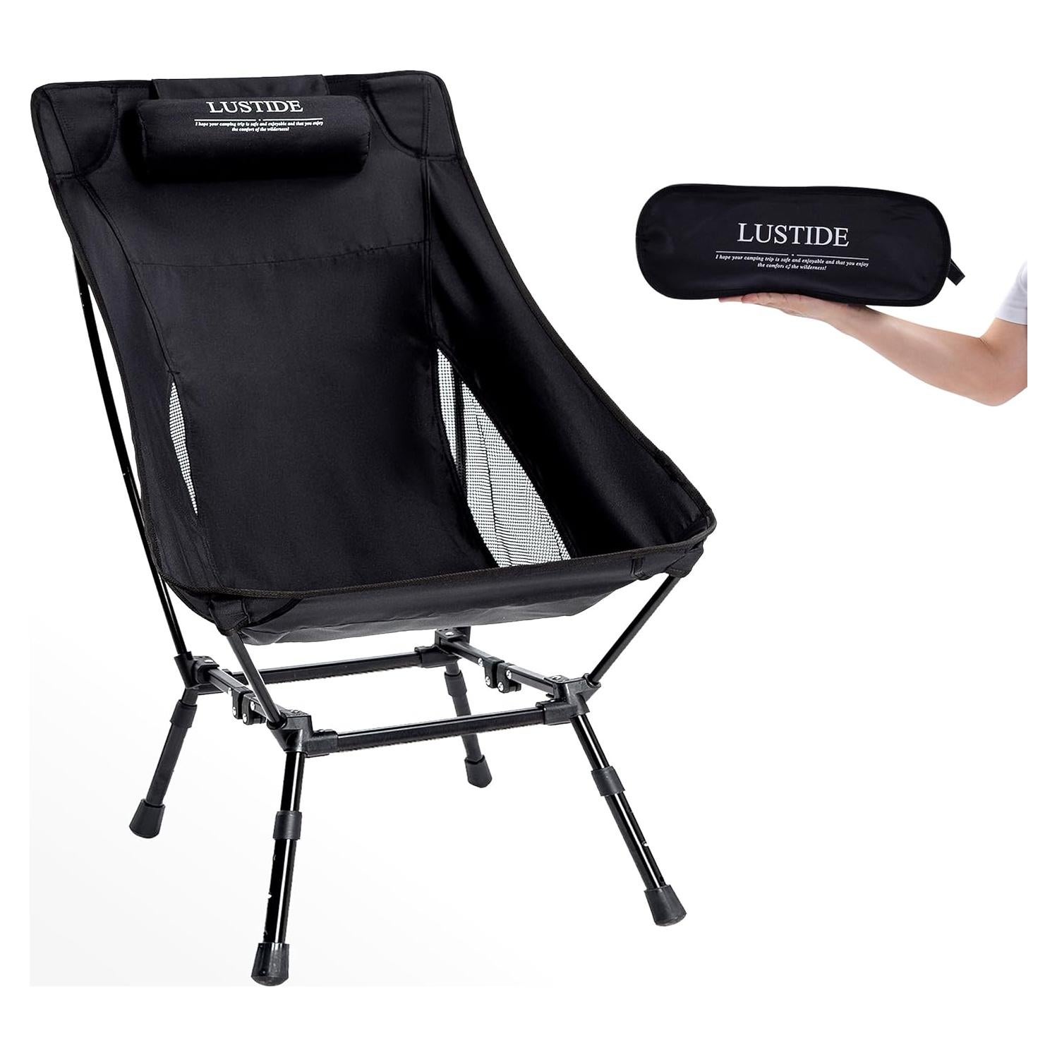 Silla de Camping LUSTIDE Negra Respaldo Alto 172kg Plegable