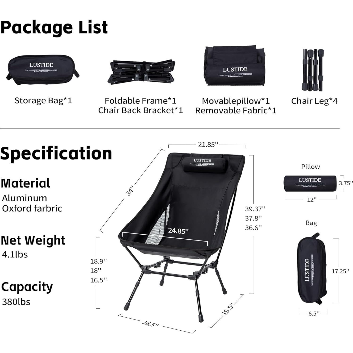 Silla de Camping LUSTIDE Negra Respaldo Alto 172kg Plegable