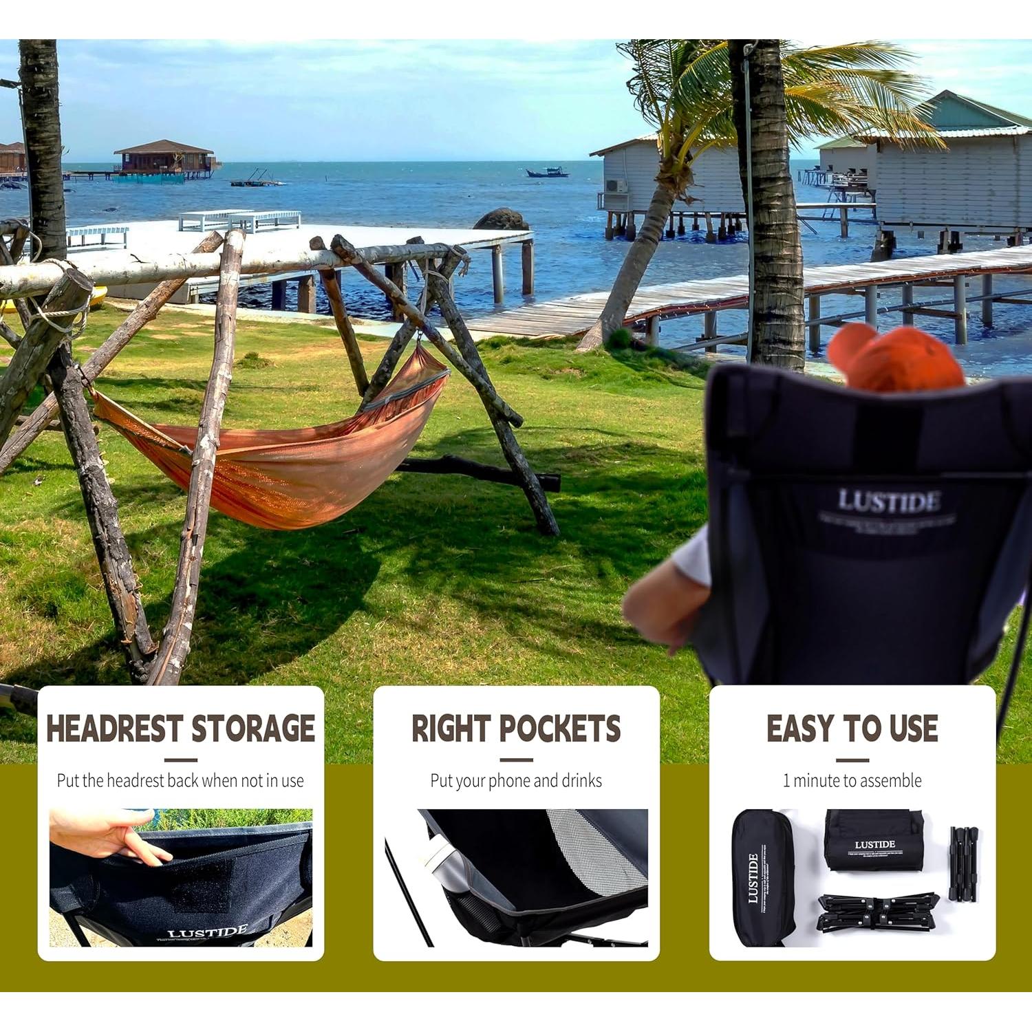 Silla de Camping LUSTIDE Negra Respaldo Alto 172kg Plegable