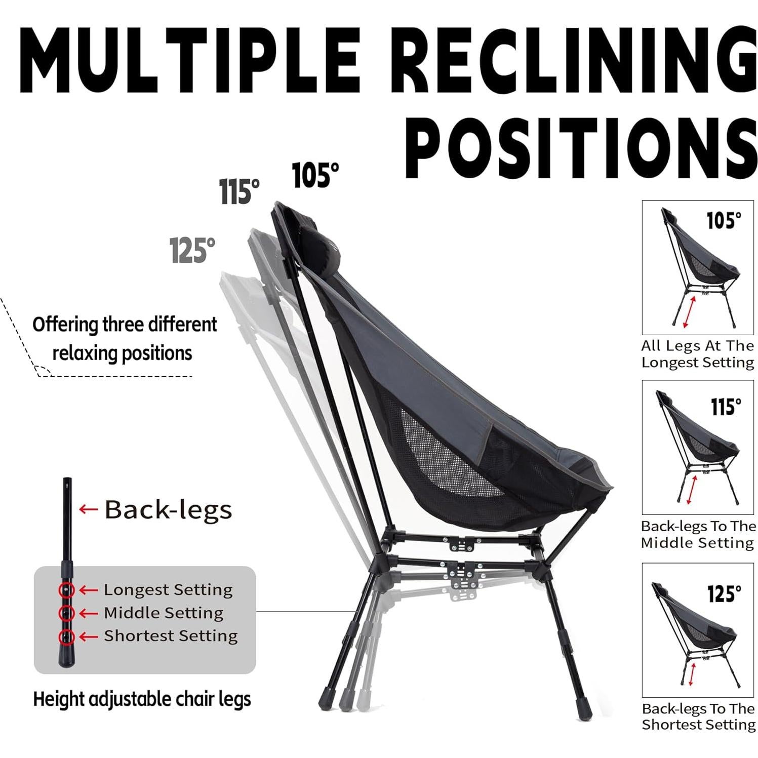 Silla de Camping LUSTIDE Negra Respaldo Alto 172kg Plegable