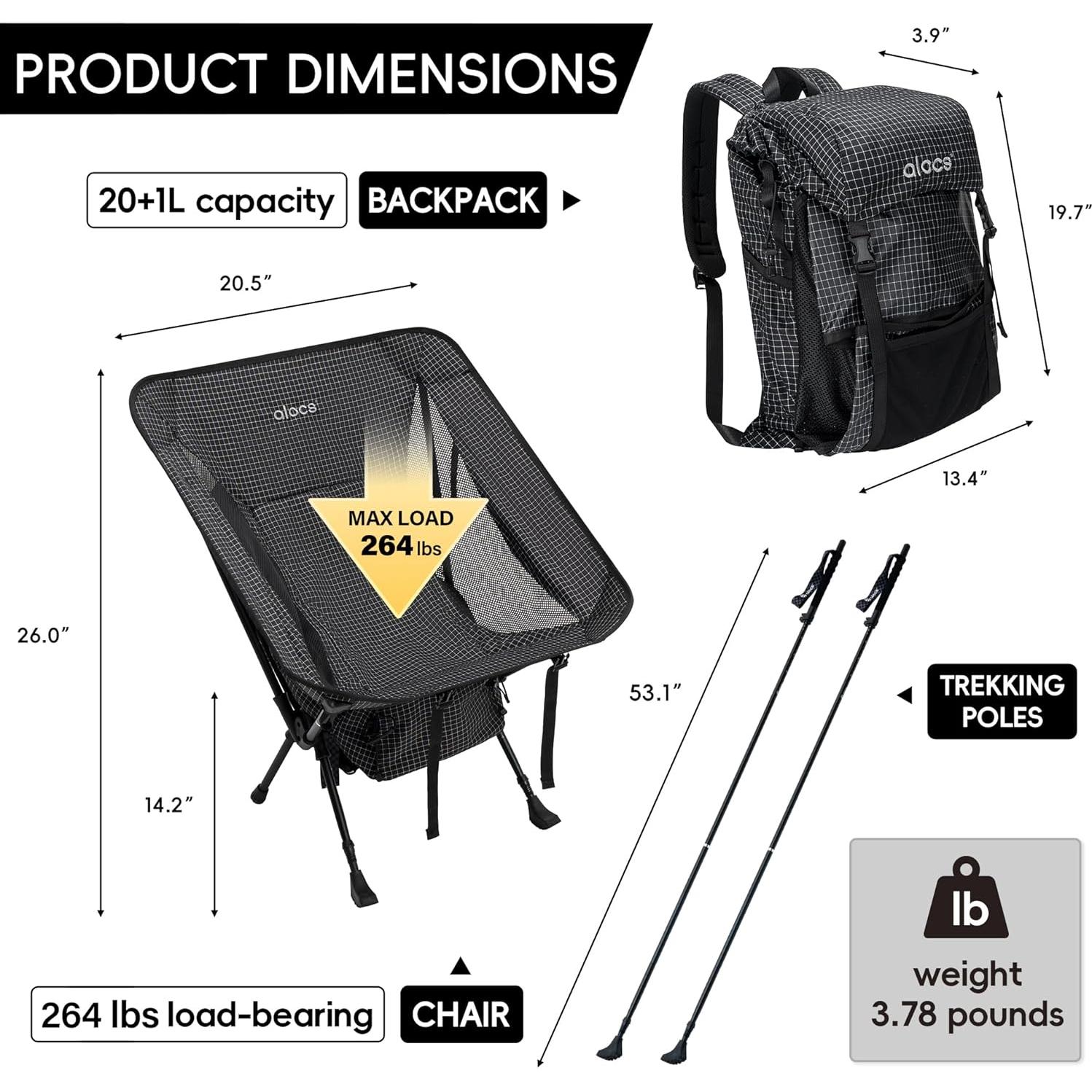 Silla de Camping Alocs 3-en-1 con Bastones de Trekking